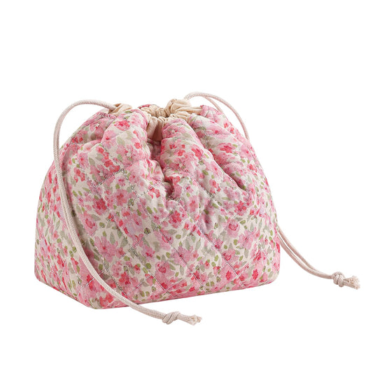 Cotton Quilted Drawstring Makeup Bag with Canvas Lining,Coquette Aesthetic Cute Travel Toiletry Bag,Drawstring Gift Bag for Women and Girls（18 Watercolor Pink Flower）