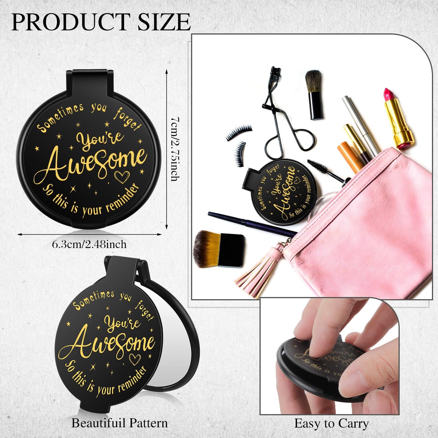 Huwena 100 Pcs Inspirational Compact Mirror Bulk Mini Gifts Women Round Purse Pocket Mirror, Mothers Day Employee Appreciation Gifts, Wedding Party Favors for Guests(Black,Awesome)