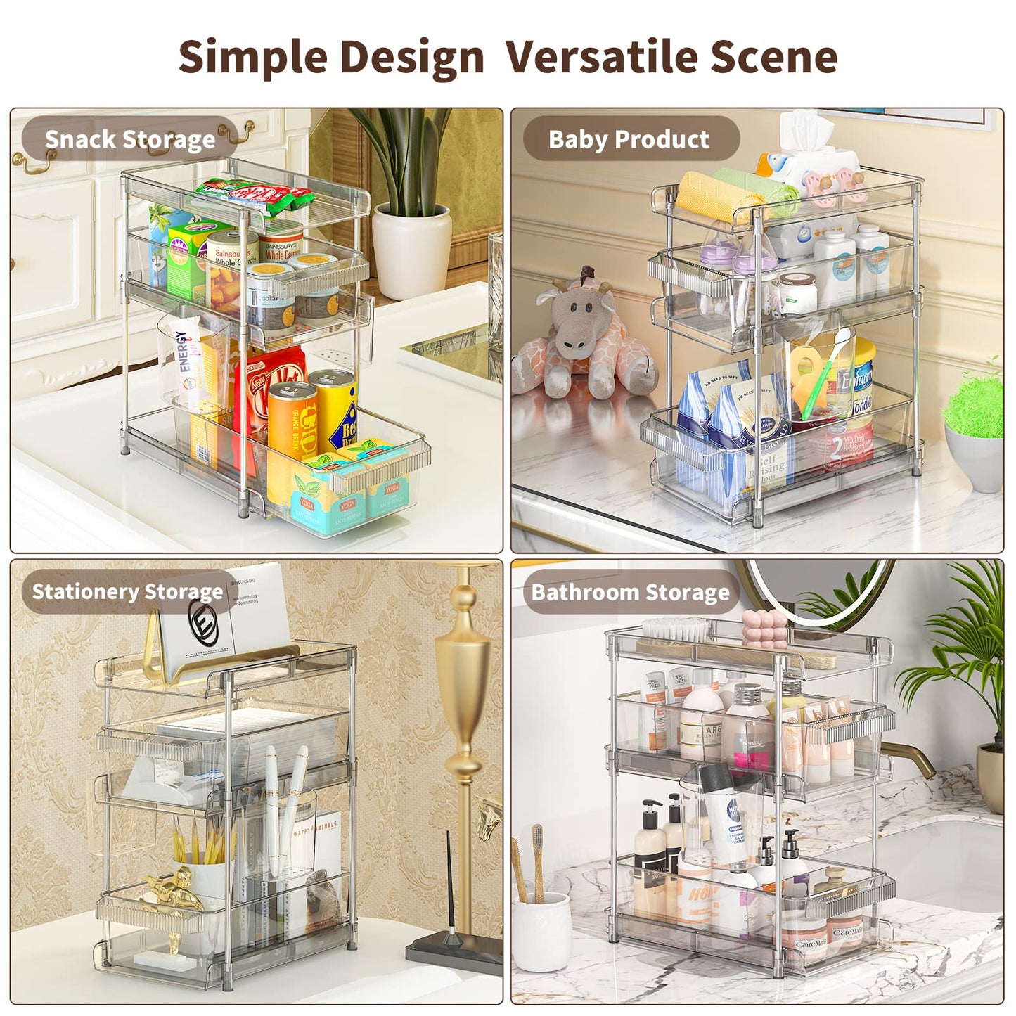 Clear Bathroom Organizers 2 Sets 3 Tier, Pull Out Organizer and Storage with 2 Cups, Slide Out Drawer Storage Container with 6 Dividers, Multi-Purpose Bathroom Organizer, Kitchen Under Sink Organizer