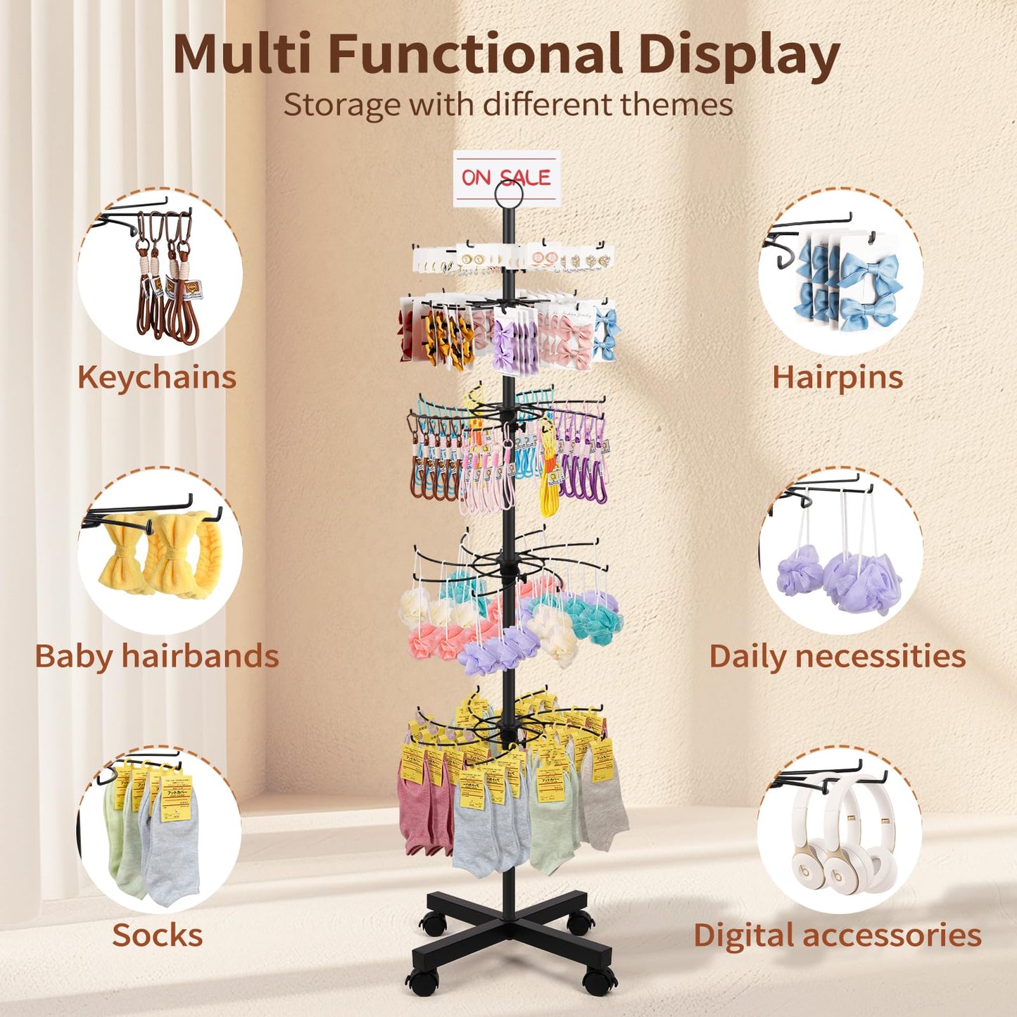Flenpptly Retail Display Stand, 5-Tier Rotating Display Rack for Store Display, Movable and Adjustable Spinning Display Stand for Earrings, Jewelry, Keychains, Socks Display (Black)
