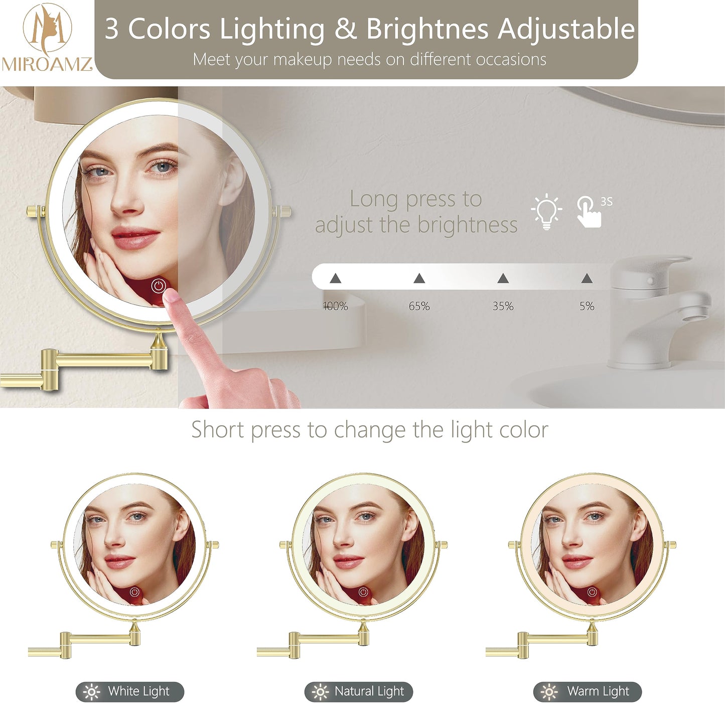 MIROAMZ Rechargeable Wall Mounted Lighted Makeup Vanity Mirror 9 Inch Double Sided 1X 10X Magnifying Bathroom Mirror, 3 Color Lighting, Touch Screen Dimming, 360 Rotation Shaving Mirror Gold