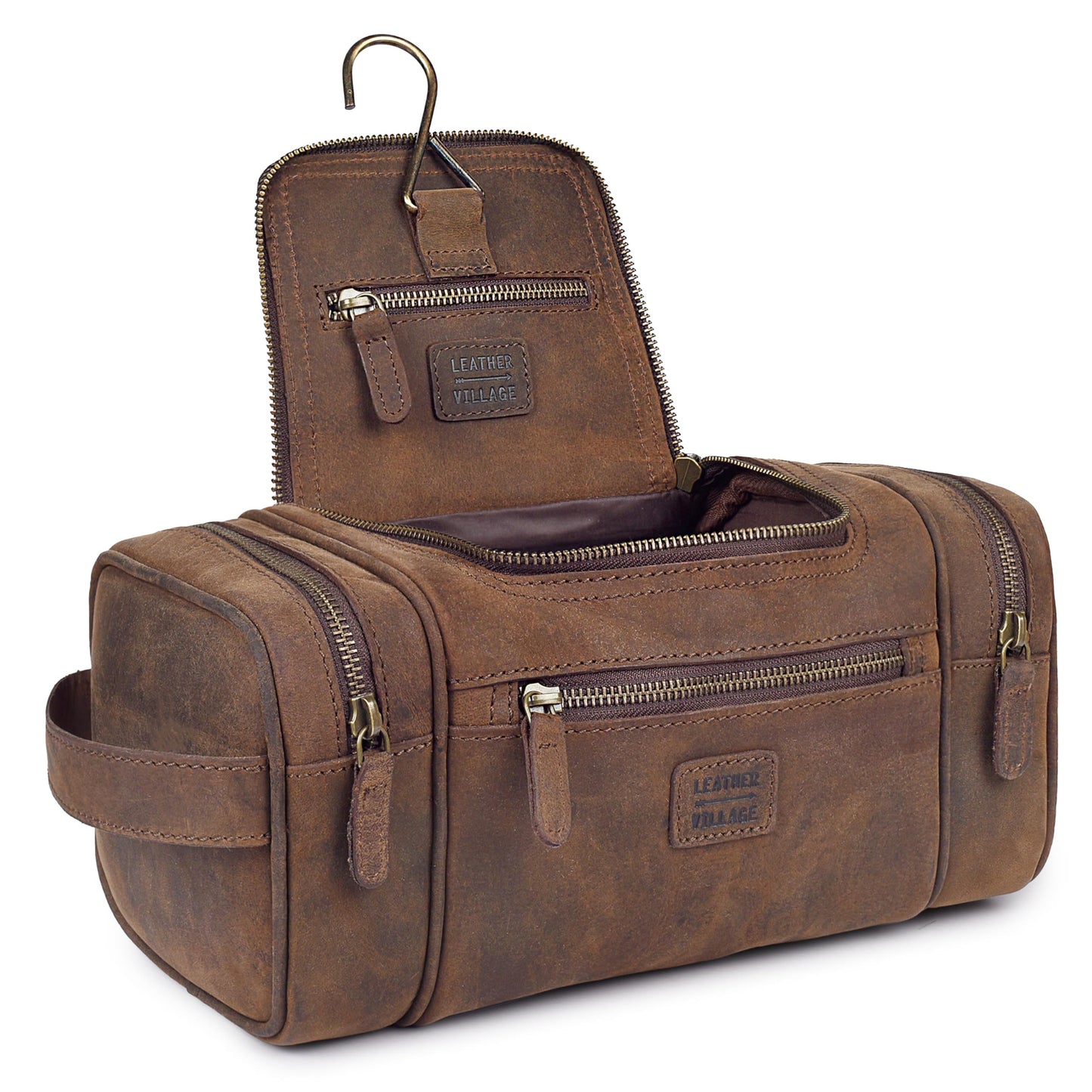 LEATHER VILLAGE Genuine Leather Travel Dopp Kit for Men & Women – Water-Resistant Large-Capacity Hanging Toiletry Bag for Travel, Grooming, Bathroom Organization, Shaving Essentials & Gym Use - Brown