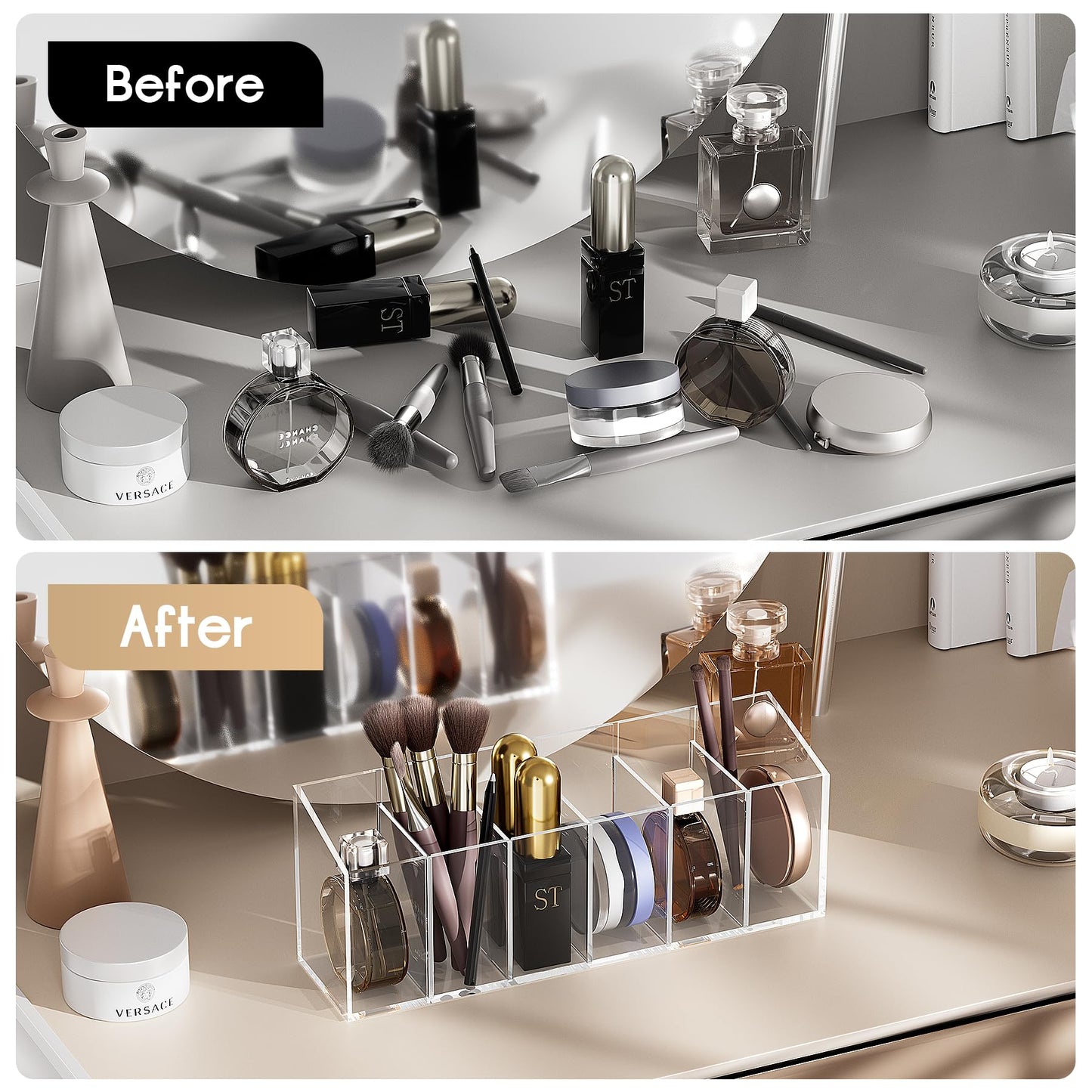 Acrylic 6-Compartment Makeup Organizer 2PCS, Transparent Plastic Makeup Brush Holder, Perfect Bathroom Vanity Storage Solution for Makeup Brushes, Eyebrow Pencils, and More