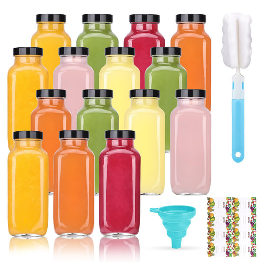 15 Pack 8 oz Glass Juice Bottles with Black Lids & Labels, Reusable Travel Juice Storage Containers, Clear Glass Drink Jars for Juicing, Water, Ginger, Wellness Shots - Leakproof, Dishwasher Safe