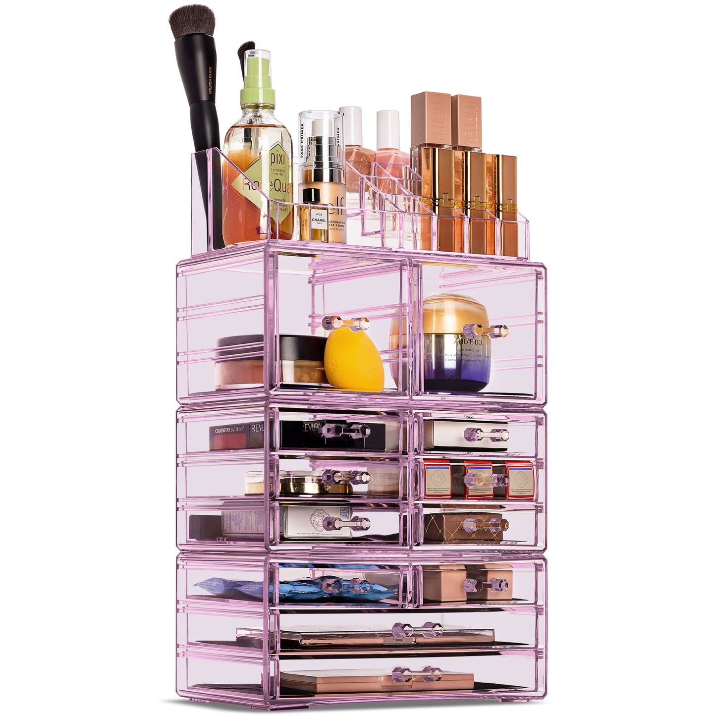 Sorbus Large Makeup Organizer - Clear Stackable Jewelry & Makeup Organizer For Vanity, Bathroom Storage, Dresser - 12 Drawers Cosmetic Beauty Organizers and Storage with Lipstick, Makeup Brush Holder