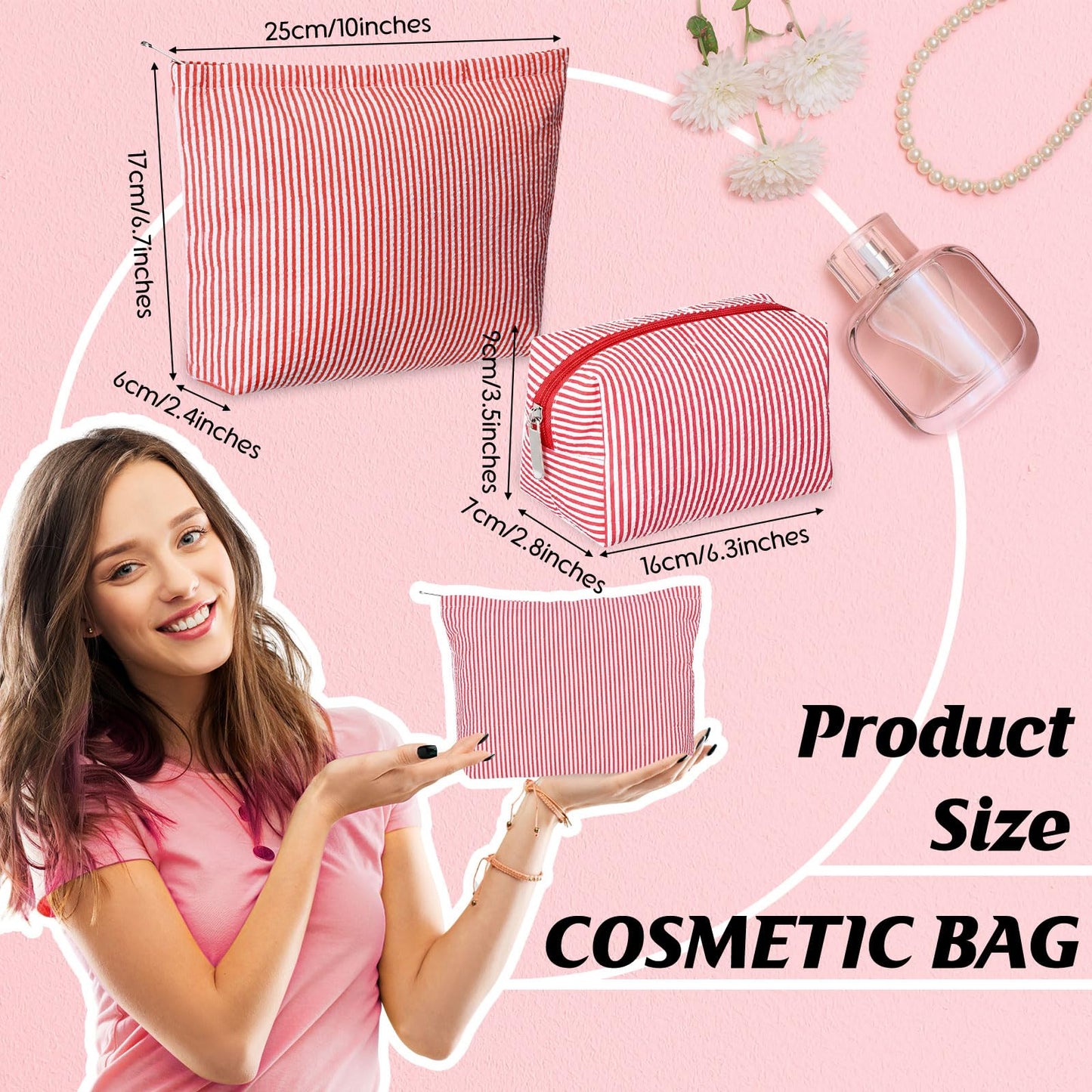 Huhumy 2 Pcs Makeup Bag Set Cute Cosmetic Pouch for Women Seersucker Travel Toiletry Bag Preppy Small Makeup Purse Pouch Aesthetic Skincare Brushes Storage Organizer for Valentine Women(Red)