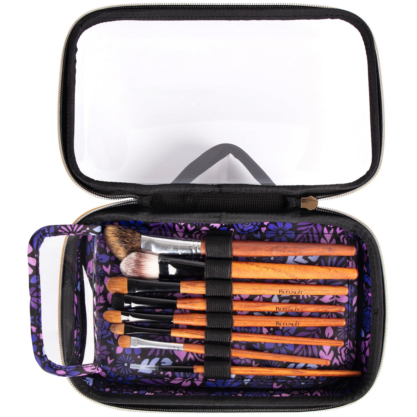 ZIPIT: Travel Makeup Bag - Black & Purple Flowers - Protective Hard Shell, Large Cosmetic Case, Transparent Zipper Lid, Handle, Toiletry Organizer