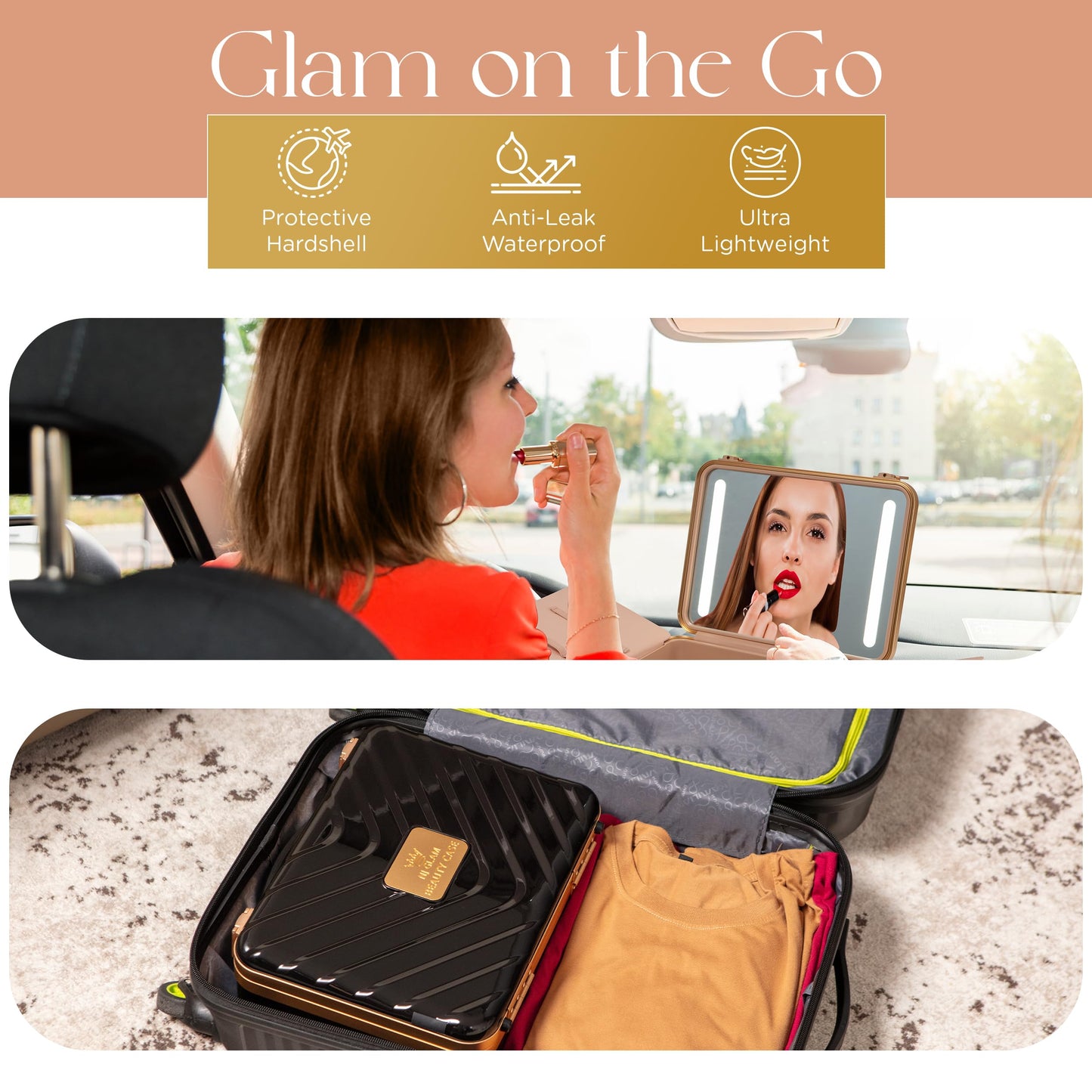 NJ GLAM Lighted Makeup Case with Mirror + 10x Mini Mirror - Portable, 3 LED Modes, Adjustable Dividers I Travel Makeup Train Case & Organizer I USB Rechargeable I (Black)