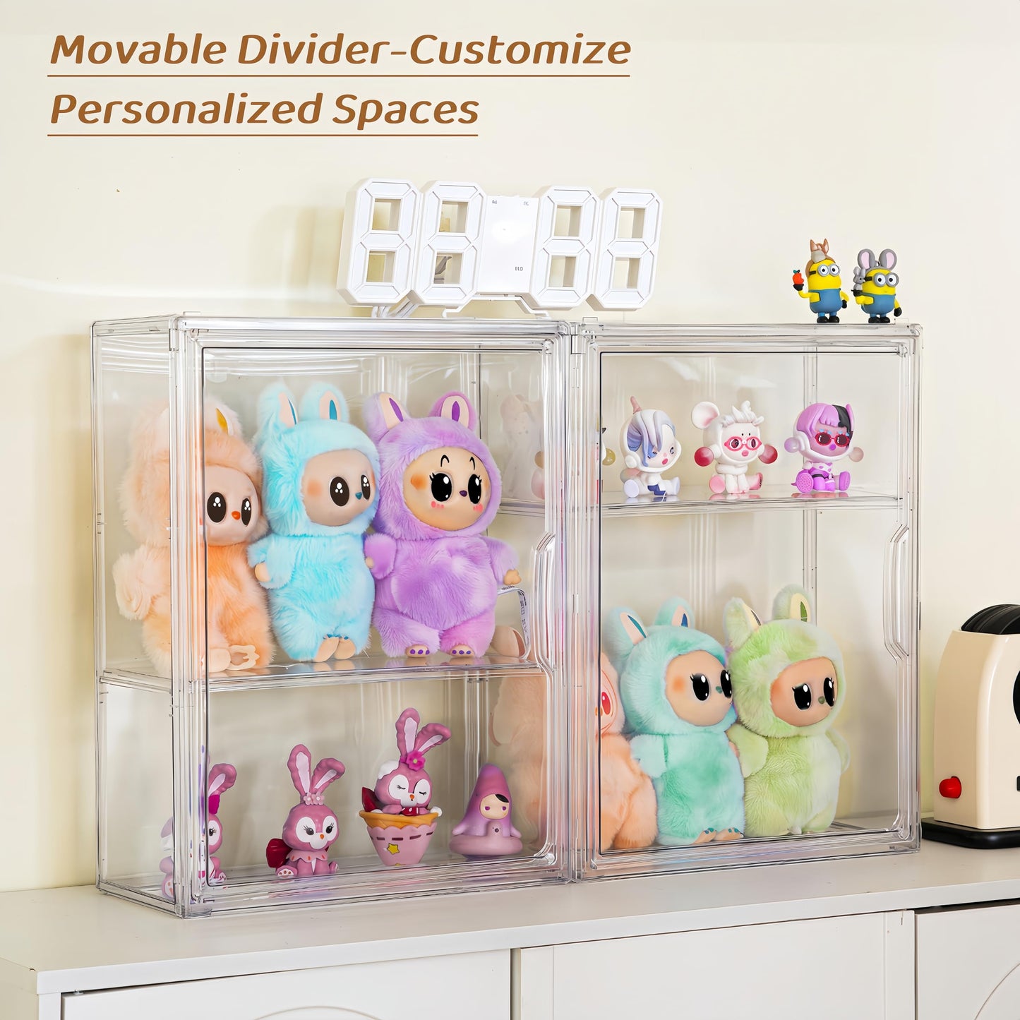 Acrylic Display Case Compatible with Labubu POP MART, 2 Pack Clear Display Cases for Figure Collectibles, Stackable Display Box with Magnetic Door