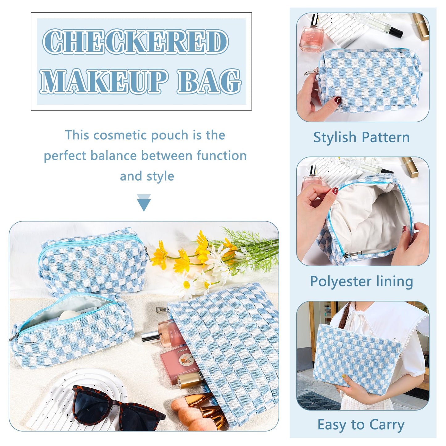 ZLFSRQ 3Pcs Checkered Makeup Bag for Women Large Small Checkered Cosmetic Bag Set Aesthetic Preppy Pencil Case Cute Pencil Pouch Blue Makeup Pouch for Purse Travel Toiletry Bags Zipper Skincare Bags