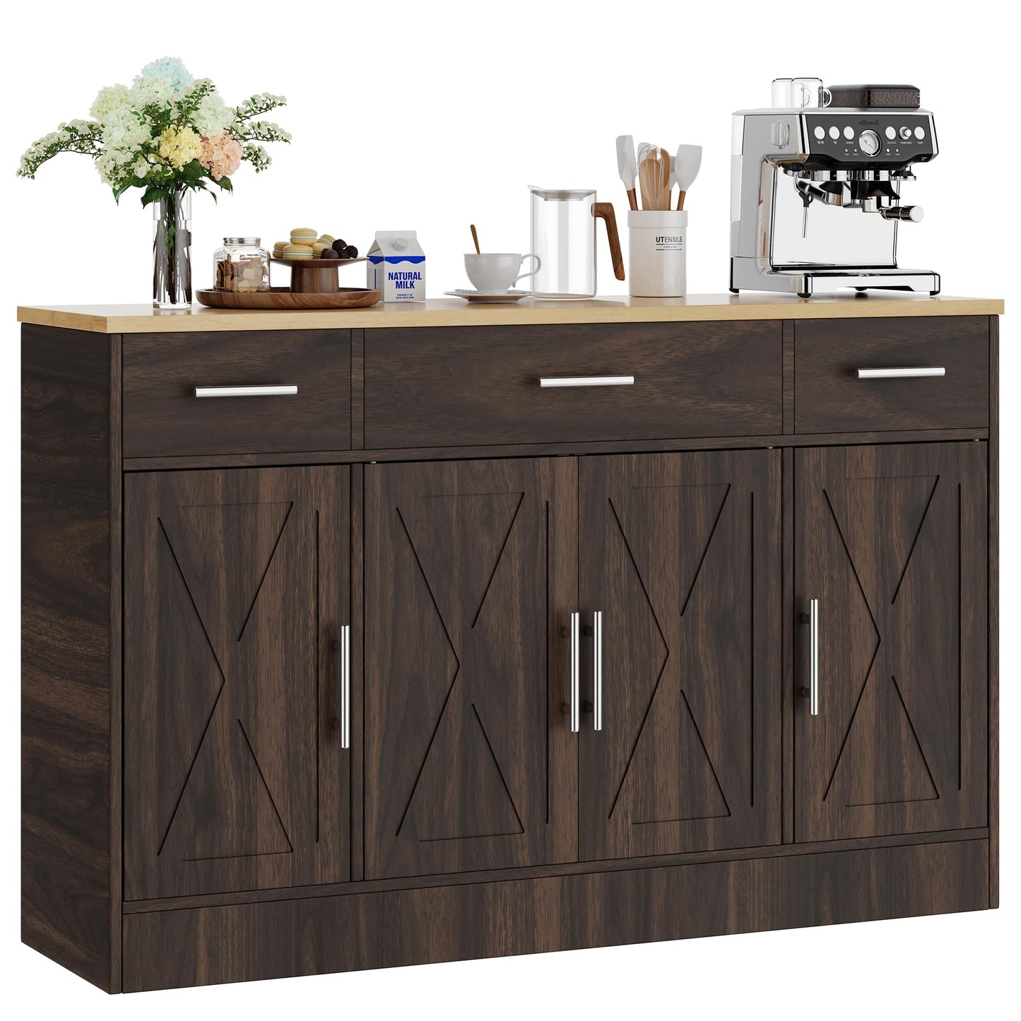 Shintenchi Buffet Cabinet with Storage,53.4" Large Kitchen Storage Cabinet with 3 Drawers and 4 Doors,Wood Farmhouse Buffet Sideboard with Adjustable Shelf for Kitchen Living Room, Brown