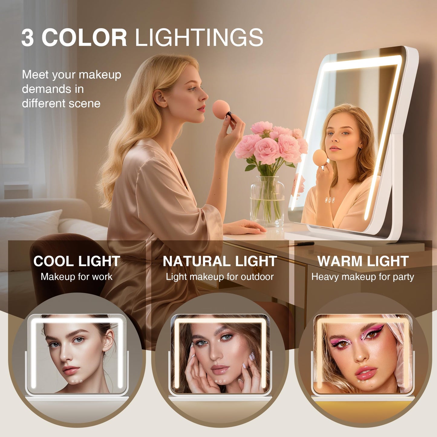 MICLIONLED Vanity Mirror with Lights 21"×15.7" LED Makeup Mirror,Dimmable Smart Touch Control Mirror with Lights for Bedroom Tabletop, 360° Rotation,Vanity Mirror Square White