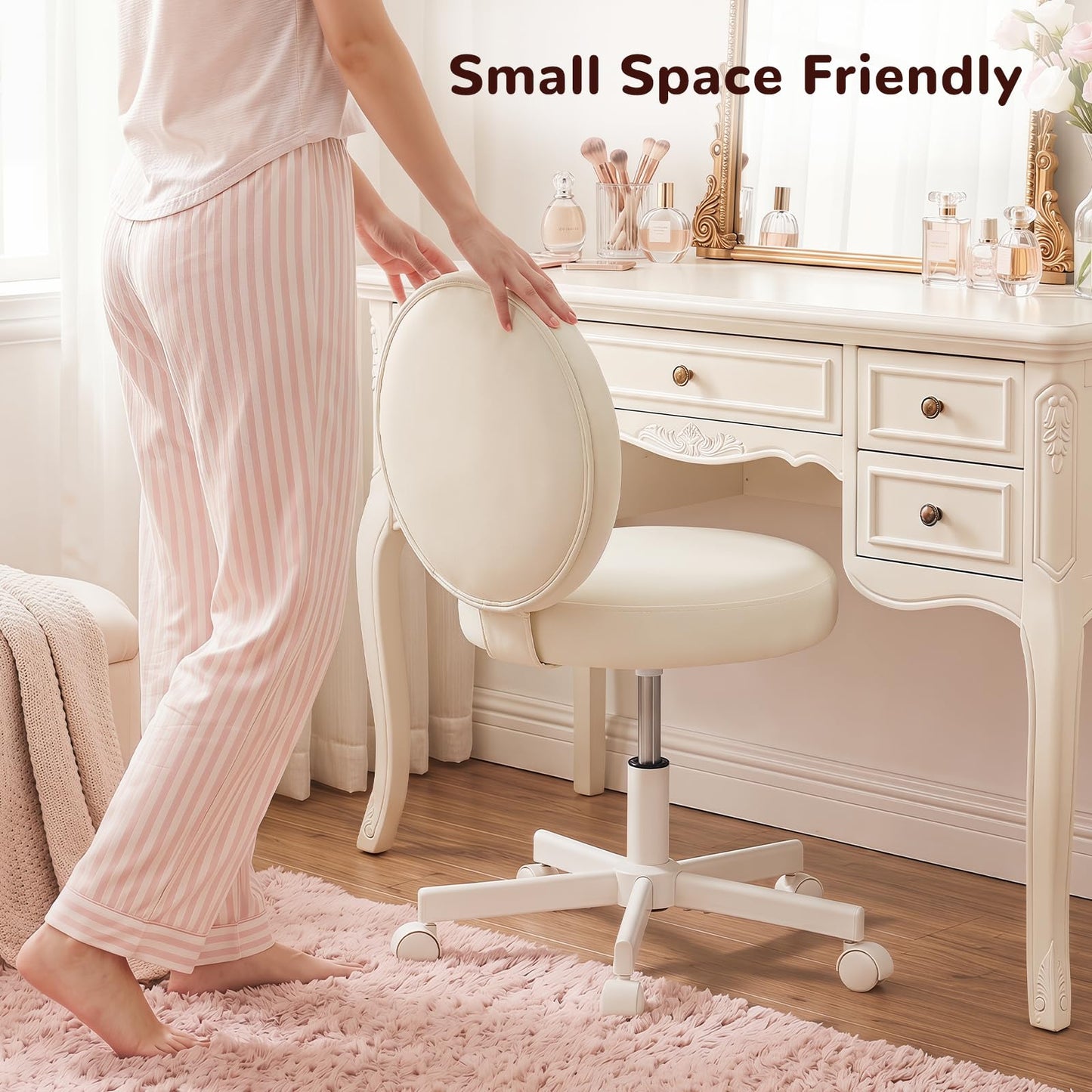 Furniliving Round Velvet Vanity Chair with Wheels, 360° Swivel Armless Desk Chair, Adjustable Height Rolling Makeup Chair for Bedroom Study Room, White