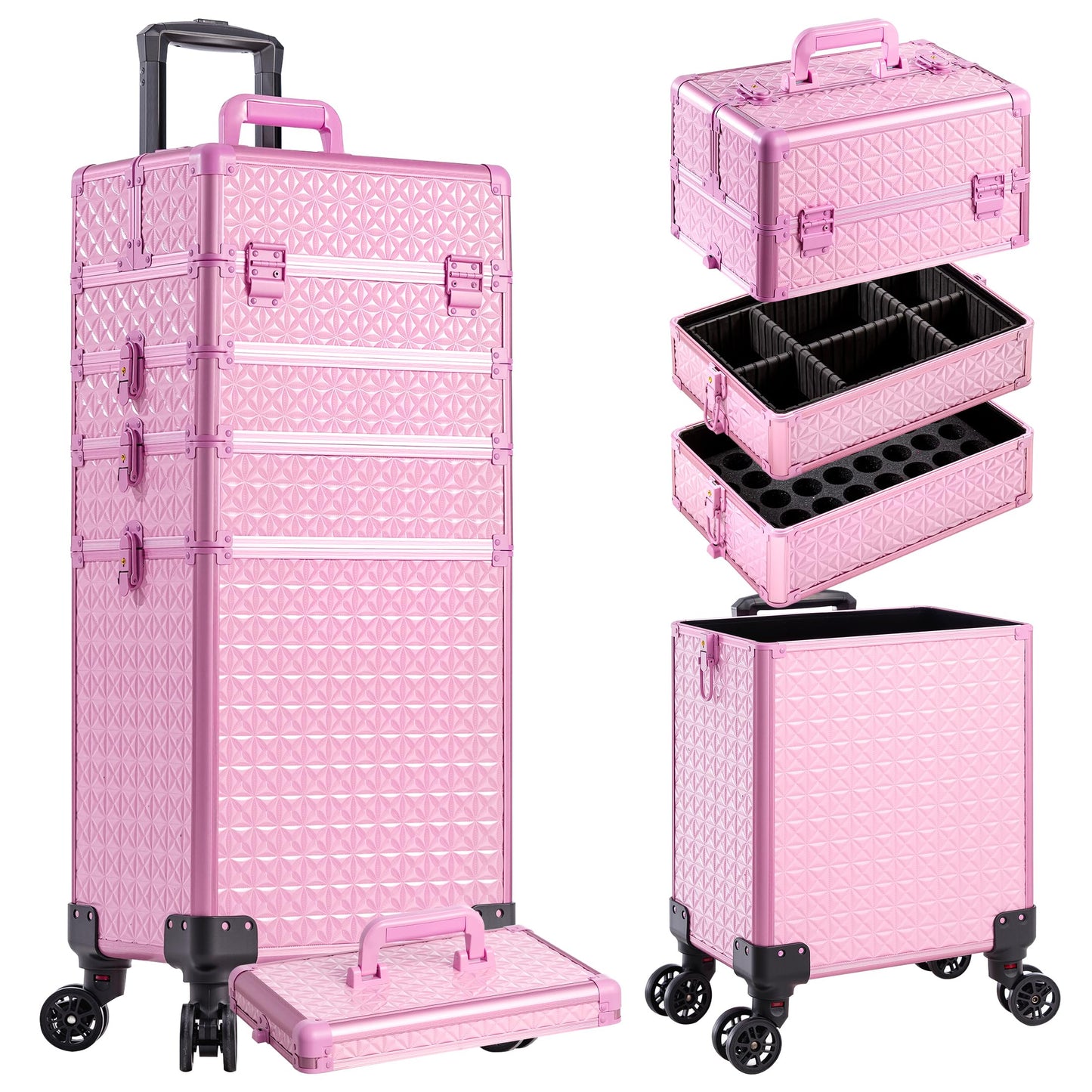 AROUS 5 in 1 Rolling Makeup Train Case Cosmetology Case on Wheels Large Cosmetic Organizer Travel Cart for Hairstylist Artist Nail Beauty Salon Barber,All Pink