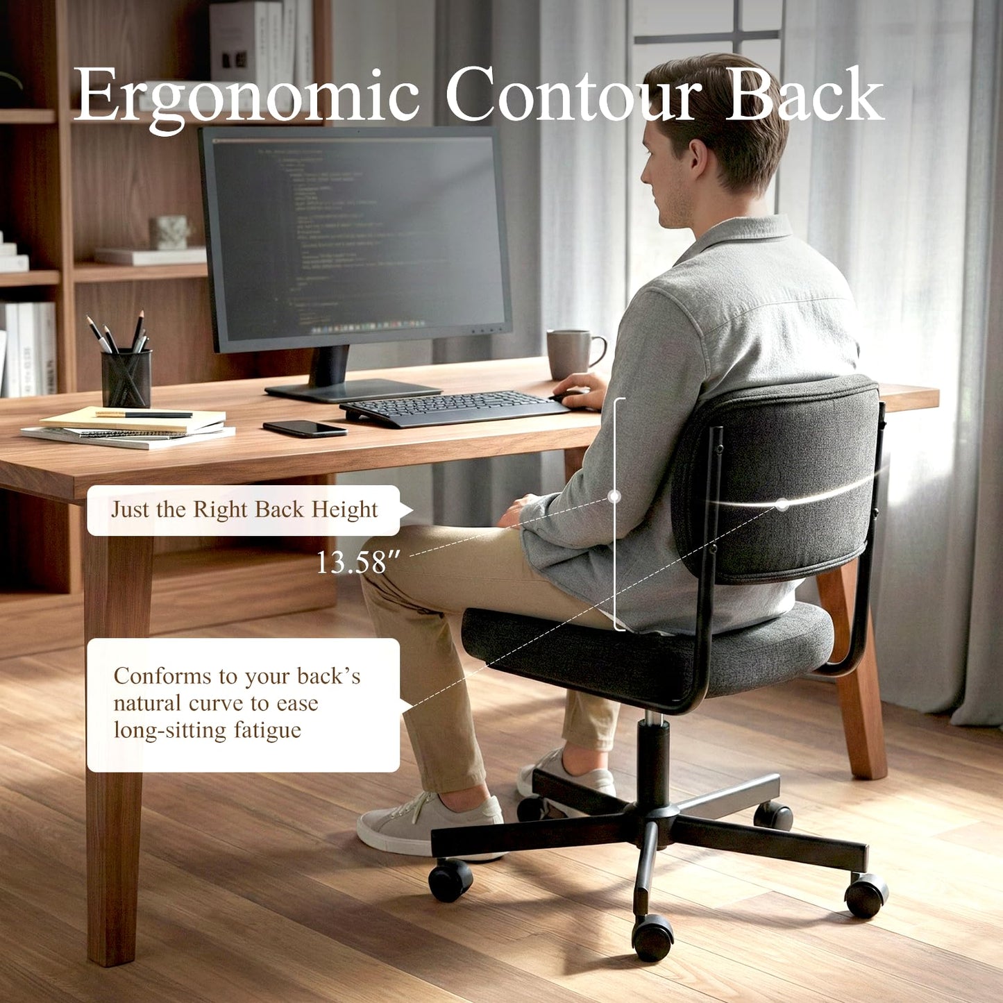 VATROS Vanity Chair with Wheels, Cute Armless Desk Chair with Back, Height Adjustable Swivel Small Office Chair, Comfy Fabric Computer Task Chair for Bedroom, Study, Dressing Room Black