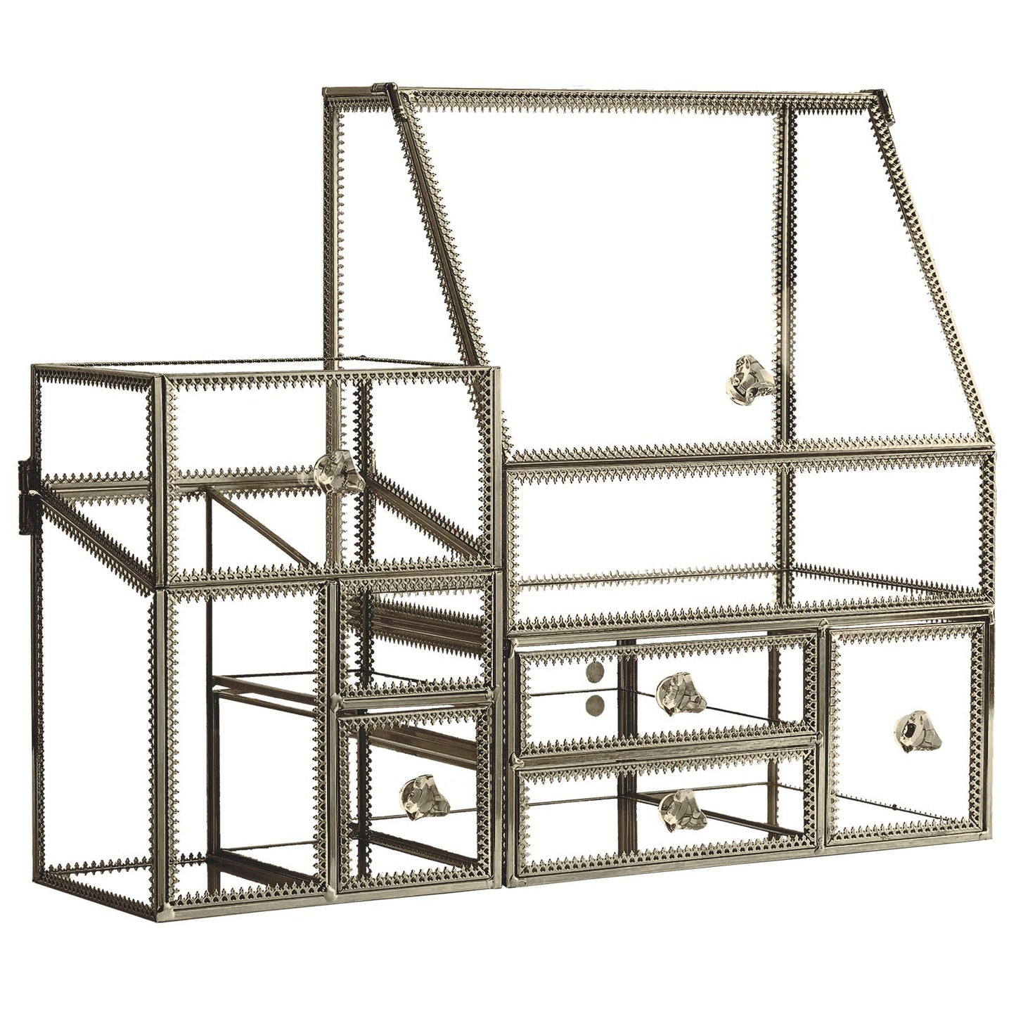 Luxury Glass Makeup Organizer Antique Bronze Metal Frame, Clear Vanity Countertop Storage Case for Cosmetics, Skincare, Perfume, Jewelry, Brush Holder & Drawers for Bathroom, Bedroom, Dressing Table
