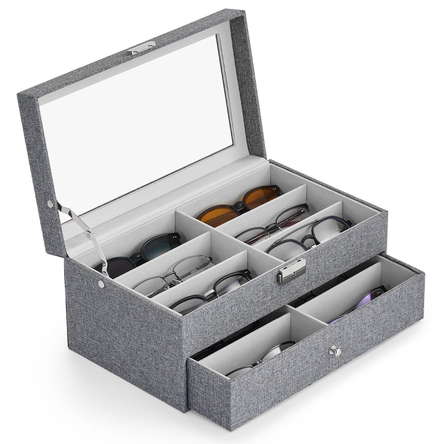 CO-Z Sunglasses Organizer with 12 Slots, Linen Eyeglasses Storage Box for Women Men, 2 Story Lockable Display Case for Multiple Glasses, Sunglasses Jewelry Collection Holder with Drawer, Grey