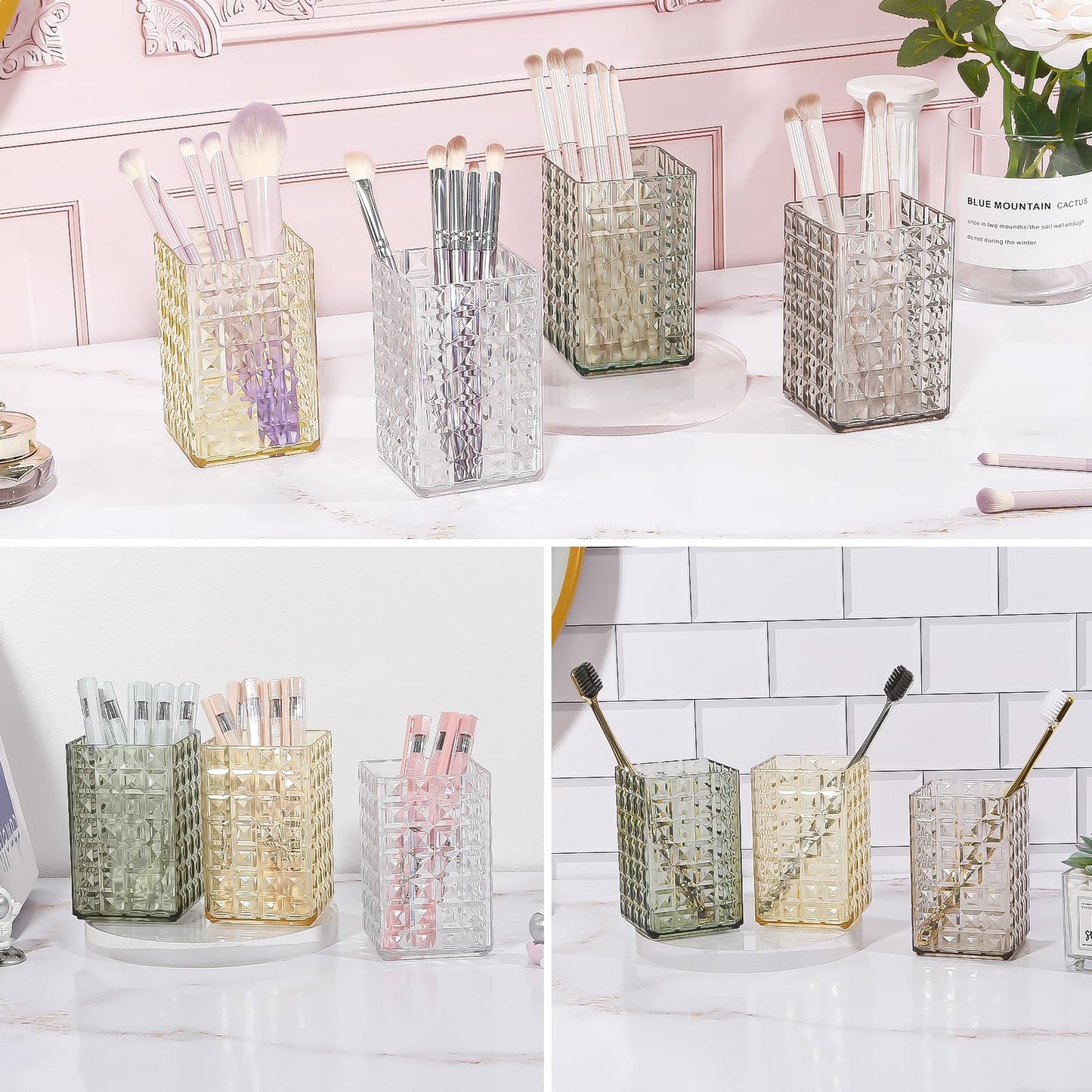 DASITON Makeup Brush Holder Organizer, Acrylic Makeup Brush Cup, Diamond Striped Make Up Brush Holder for Vanity, Bathroom Countertop, Toothbrush Holders, Pen Holder for Desk Storage (Gray)