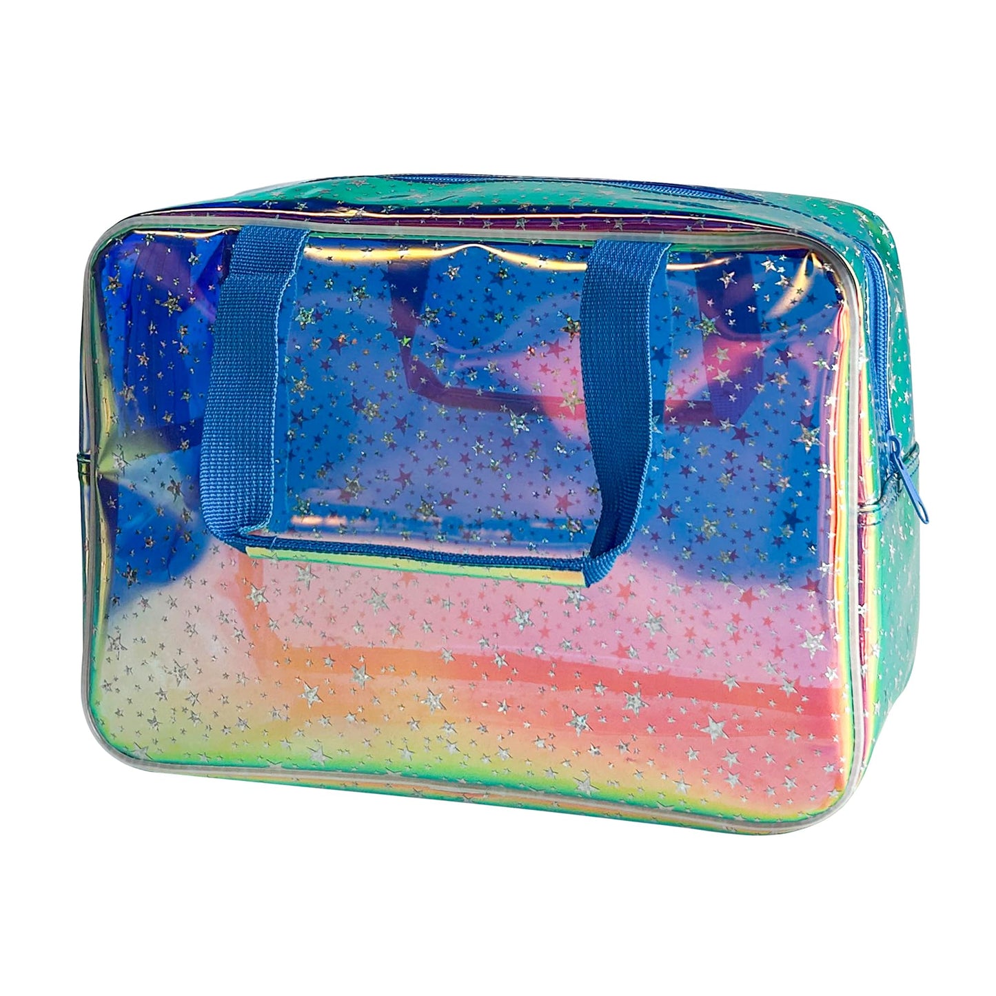 TotePrint Holographic Blue Clear Star Large Cosmetic Bag and TPU Travel Pouch with Handle,Durable Material,Zipper Design-Ideal for Makeup,Travel Essentials (Holographic Blue+Star)