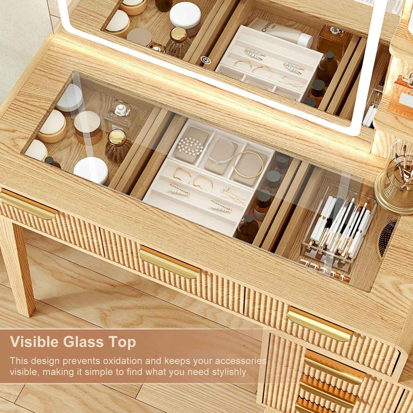 Glass Top Makeup Vanity with 3-Color LED Lighted Mirror & Power Strip, Large Vanity Table with 9 Drawers, Enclosed Cabinet & 2-Tier Open Shelves, Wooden Legs Bedroom Dressing Table, 47.2"W, Oak