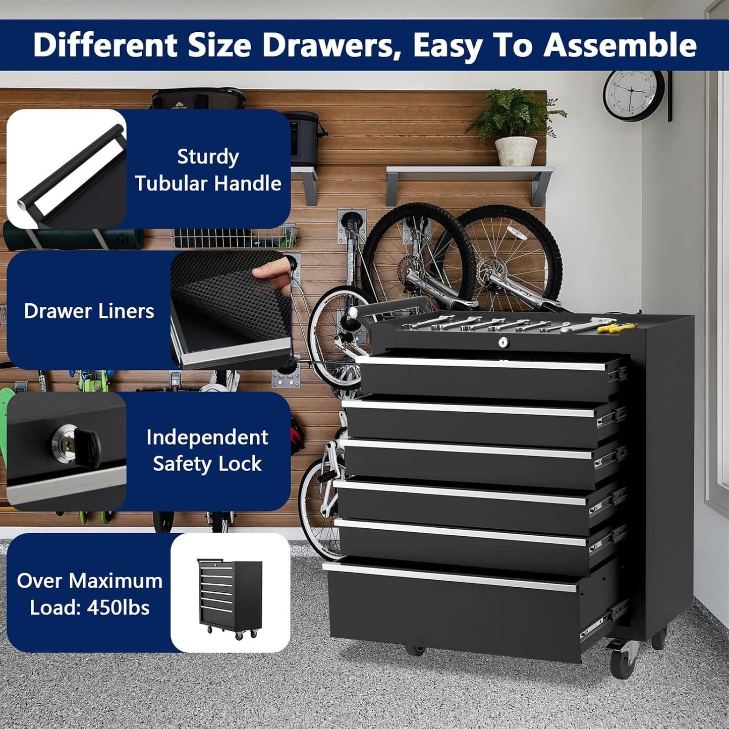 GarveeHome 6-Drawer Tool Chest, Rolling Tool Box with Wheels and Lock System, Portable Storage Rolling Tool Chest for Warehouse, Workshop & Repair Shop, Black