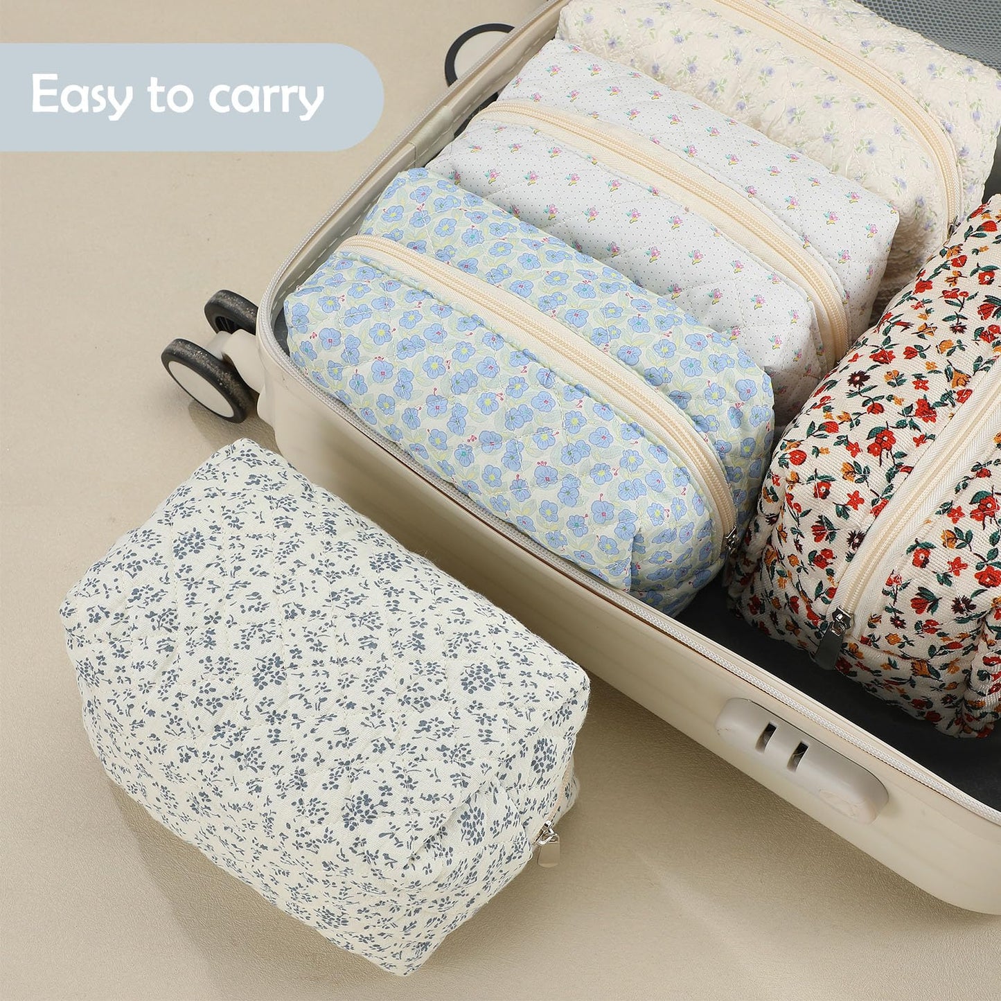 Sunnymove 6 Pcs 8 Inch Large Quilted Makeup Bag Bulk Floral Cosmetic Bag Bridesmaid Gifts Women Floral Cotton Quilted Pouch Travel Toiletry Coquette Aesthetic Makeup Organizer for Women