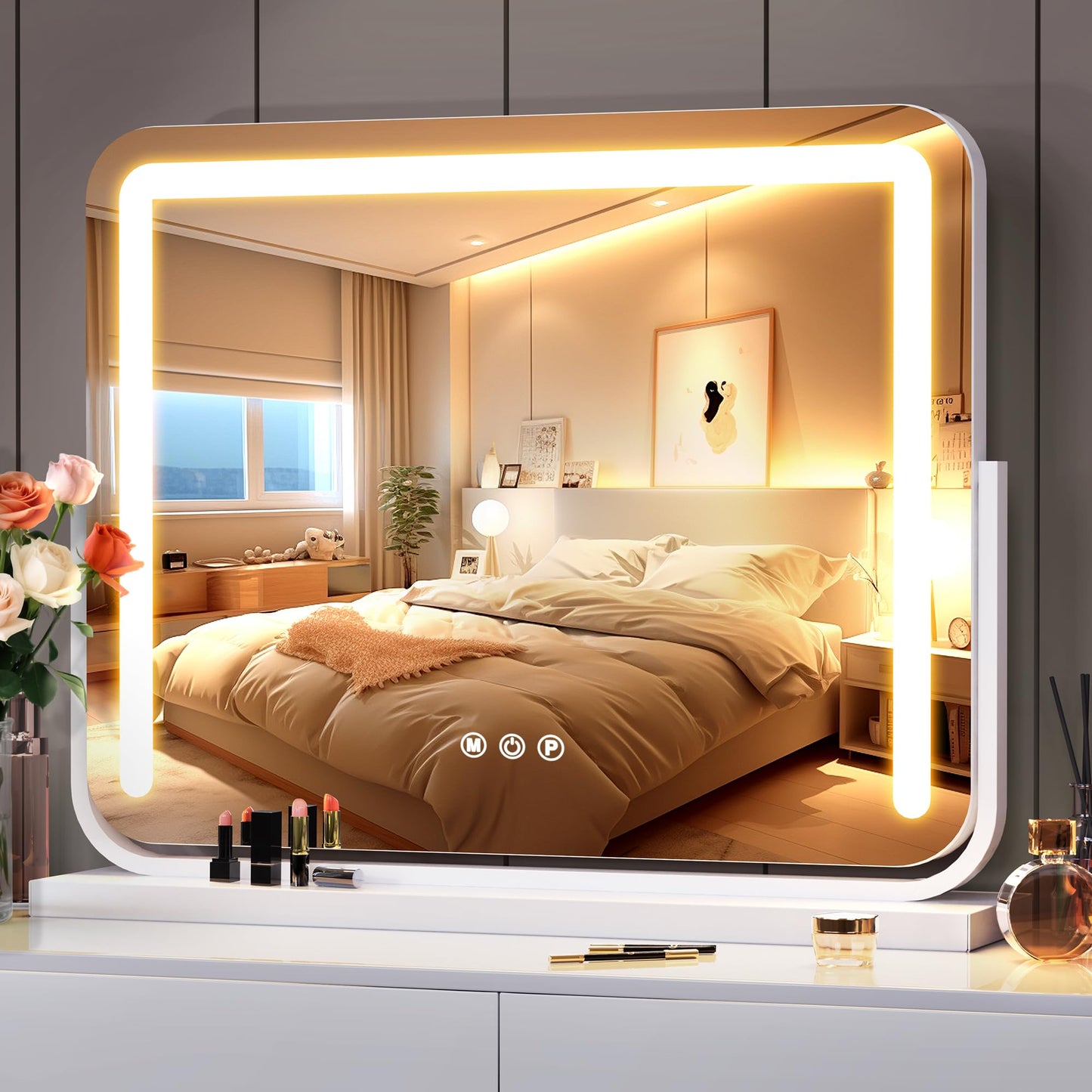 MICLIONLED Vanity Mirror with Lights 21"×15.7" LED Makeup Mirror,Dimmable Smart Touch Control Mirror with Lights for Bedroom Tabletop, 360° Rotation,Vanity Mirror Square White
