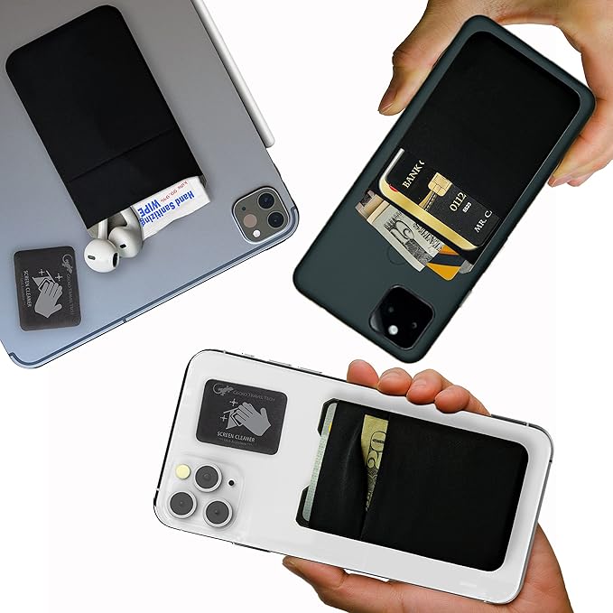 Phone Wallet Double Pocket Gecko - Adhesive Card Holder - Cell Phone Pouch - Stick on Spandex Pocket by Gecko - Carry Credit Cards and Cash (BLACK-BLANK-)