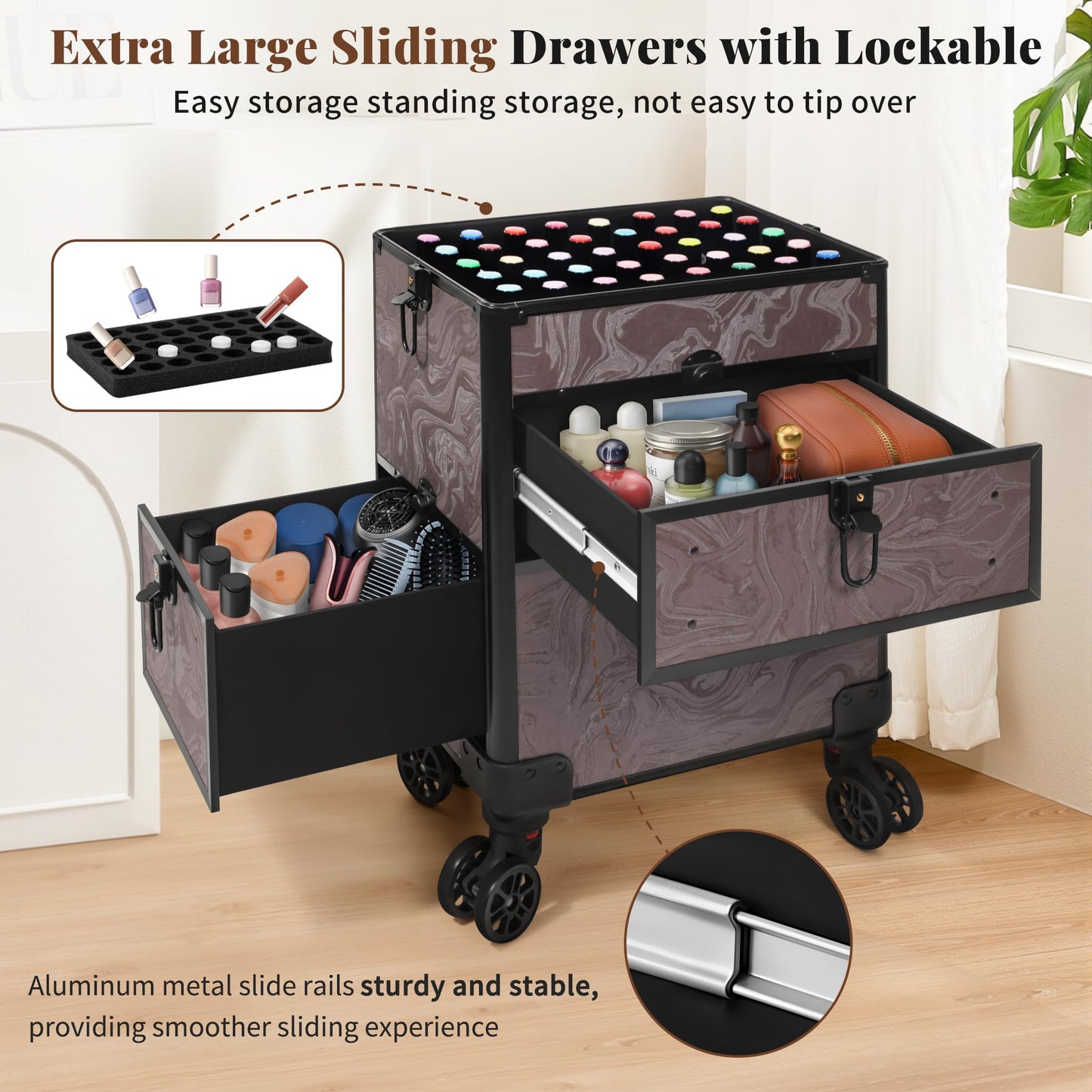 AROUS Rolling Makeup Case with 3 Drawers, Cosmetology Case on Wheels 5 IN 1 Makeup Train Case Make Up Organizer for Artist Salon Nail Teach Trunk,Ink Brown