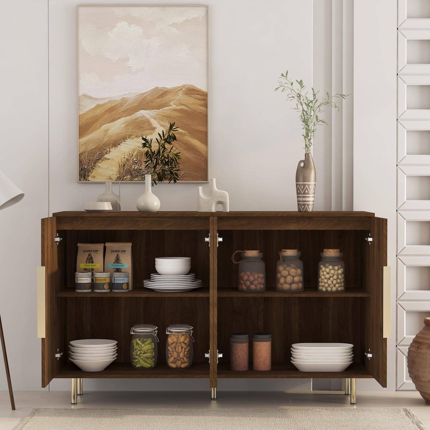 QJZLXKYT Sideboard Cabinet, 56" Large Buffet Cabinet with Storage, Wood Credenza Storage Cabinet with 4 Fluted Decorative Doors and Adjustable Shelves, for Living Room, Kitchen, Entryway, Walnut