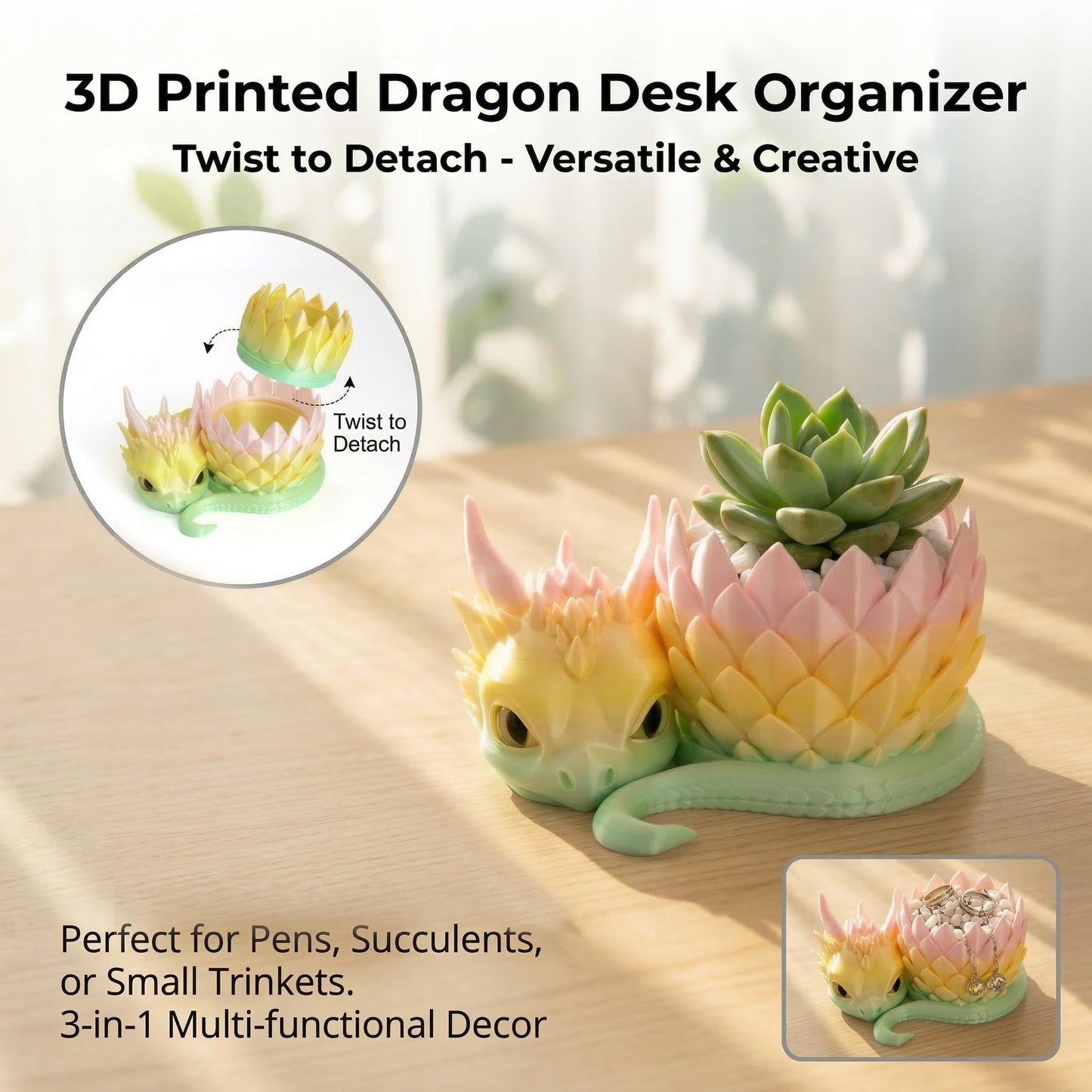 LehuoMaker 3D Printed Dragon Pencil Holder for Desk, Removable Dragon Egg Pen Holder, Cute Pencil Cup Desk Organizer for Pens, Pencils, Paper Clips, Makeup Brushes, Fantasy Desk Decor Gift for Kids