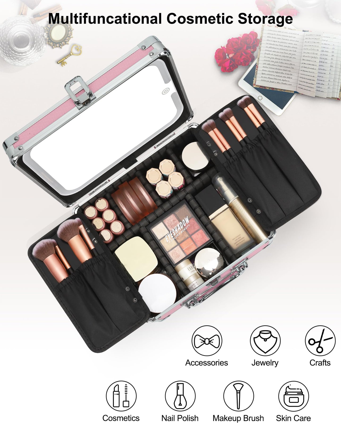Relavel Makeup Bag with LED Mirror, Cute Makeup Box Travel Train Case with Rechargeable Lighted Mirror, Cosmetic Brush Organizer Storage for Makeup Artists Gifts for Women and Girls, Pink