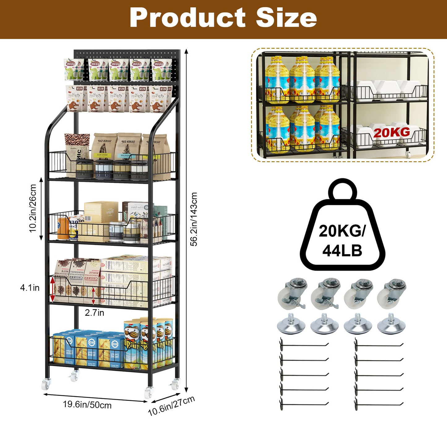 Nisorpa 4 Tier Supermarket Retail Display Racks, Free-Standing Metal Snack Candy Display Racks Shelf with Wheels Chips Rack Display Stand for Home Convenience Stores Kitchen, 19.6x56.2x10.6 Inches