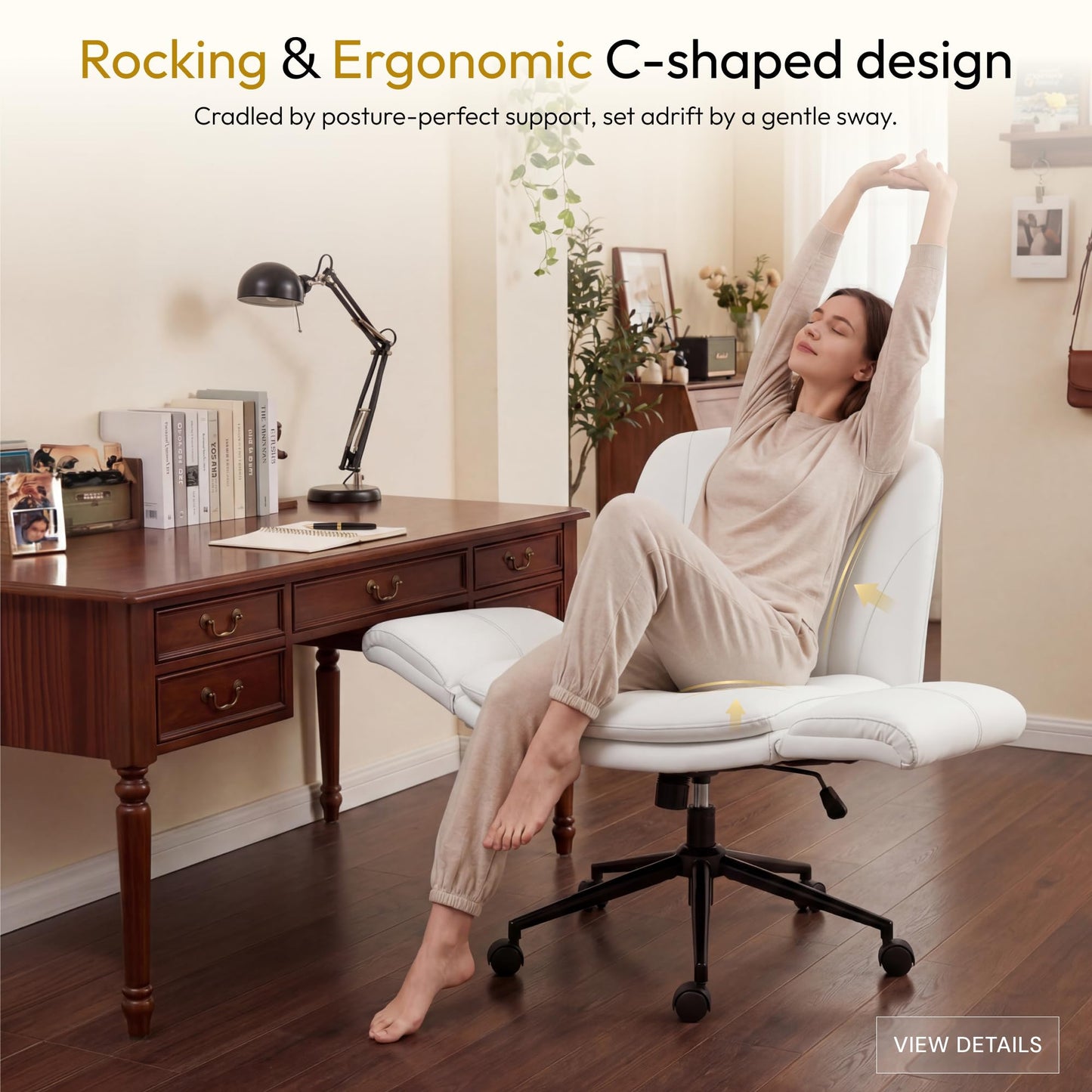 Dowinx Criss Cross Chair with Five-Level Adjustable Arms and Wheels - Comfortable Ergonomic PU Leather Swivel Vanity Chair - Computer Makeup Gaming Chair for Home Office, Bedroom, Vanity Room (Beide)