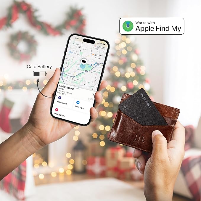 SPOTMINDERS Apple MFI Certified Wallet Tracking Card Black 4-Pack - Works with Apple Find My Rechargeable Tracker IP68 Waterproof 0.07in Slim iPhone Item Finder Smartcard for Luggage Tags Purse Keys