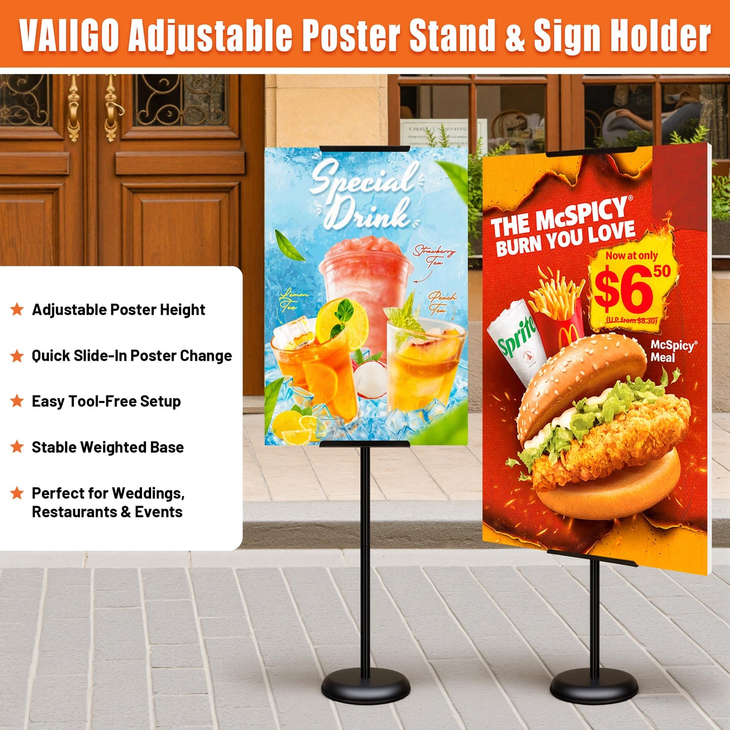 VAIIGO 2Pack Adjustable Poster Stand for Display, Single-Sided Floor Pedestal Sign Holder, Poster Board Easel Stand up to 58", Welcome Sign Stand for Foam & Board, Wedding, Business & Events – Black