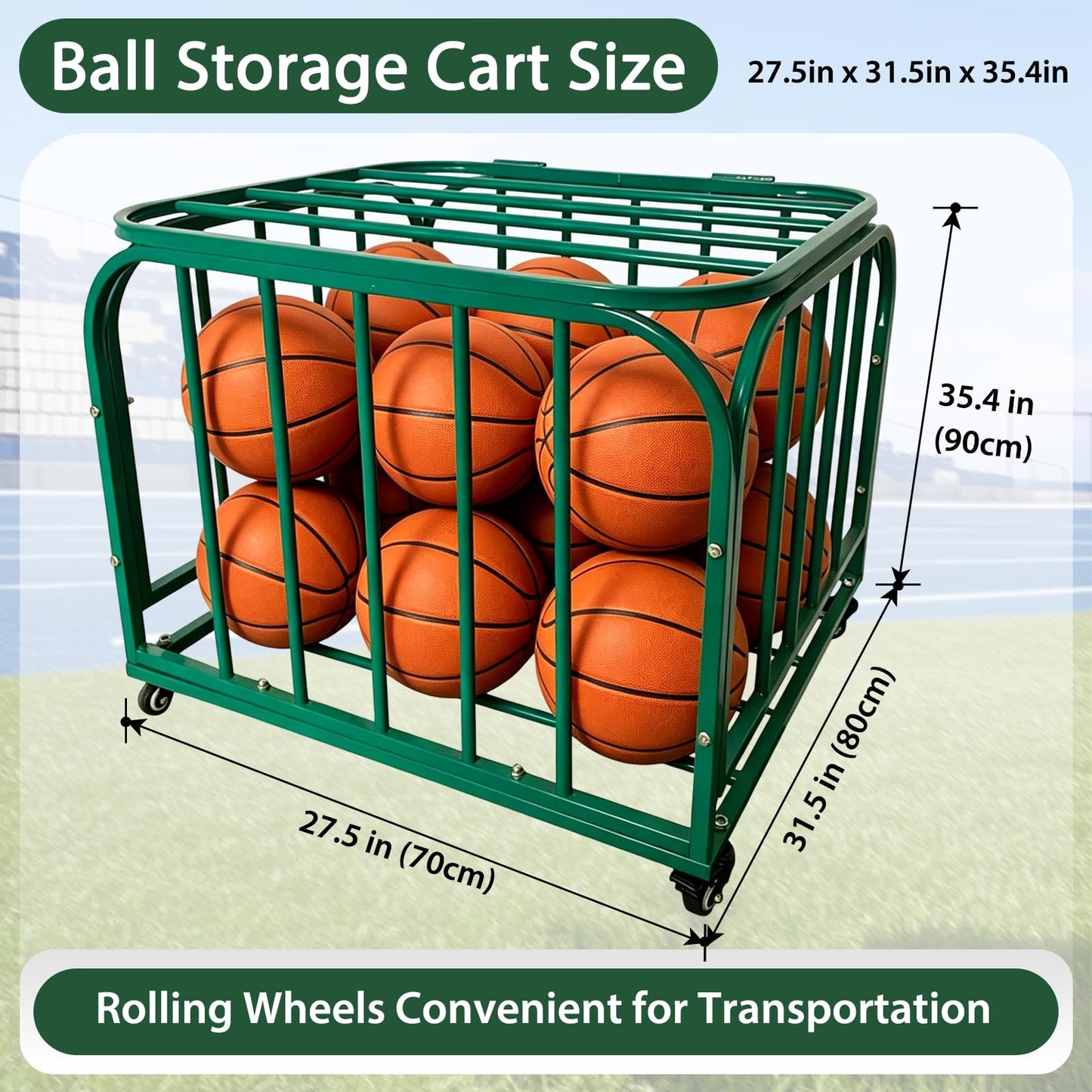 LCKJZYL Ball Storage Cart Holds 30 Balls, Basketball or Volleyball Storage Bin with Wheels, Durable Rolling Exercise Ball Cart Holder, Basketball Holder Cage for Indoor and Outdoor, Gym, School, Club
