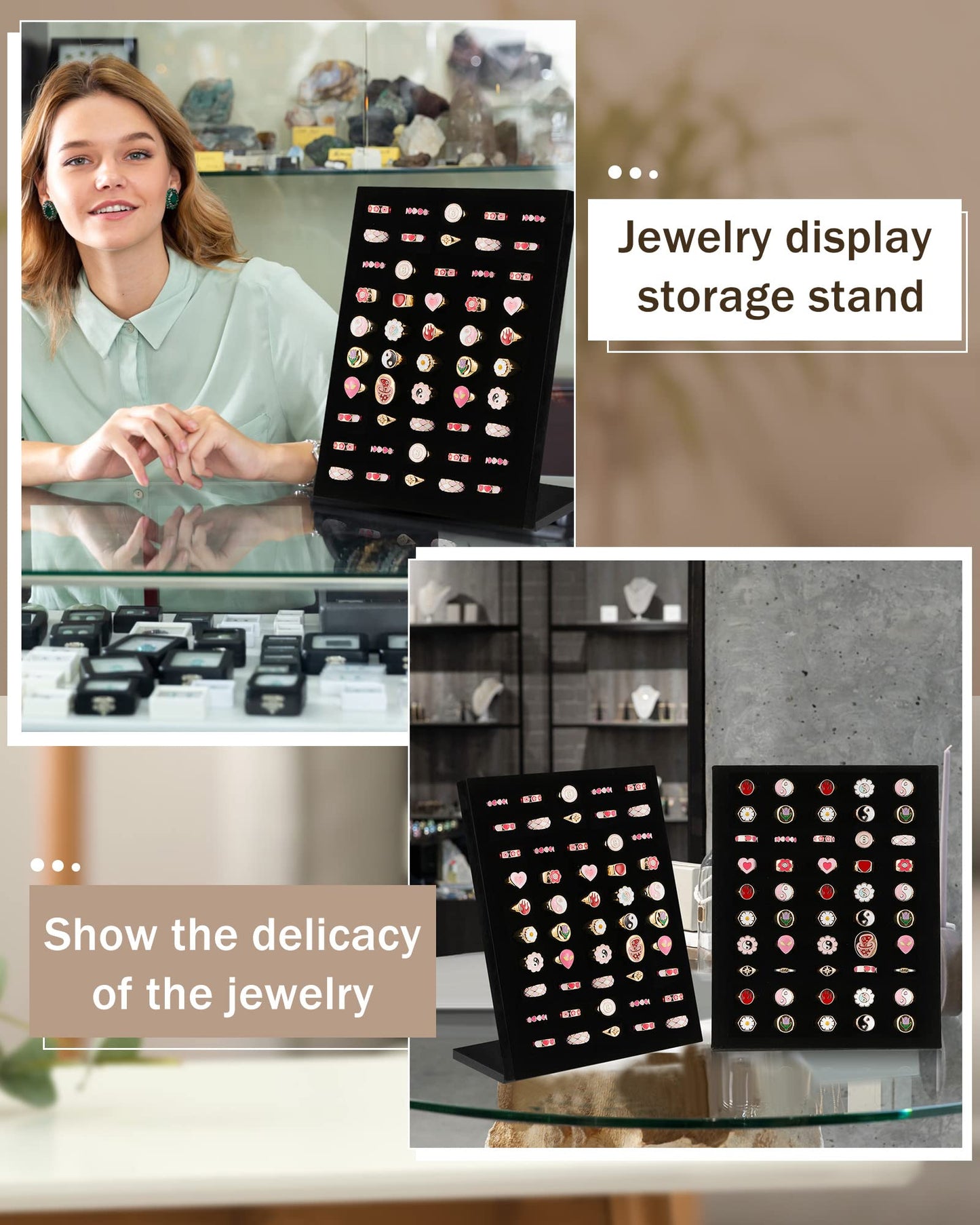 Henoyso 4 Pcs Velvet Ring Display 50 Slots L-Shaped Ring Display Stand Tray Holder for Selling Earring Jewelry(Black)