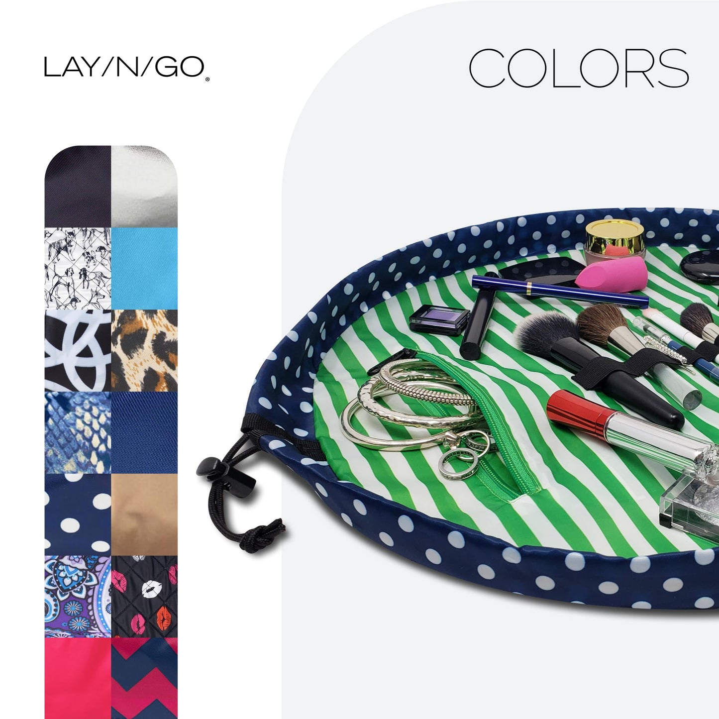 Lay-n-Go Cosmo Layflat Drawstring Cosmetic & Makeup Bag Organizer w/Zipper Pocket, Brush Loops & More, Cinch to Close, Lay Flat to Use, Durable, Machine Wash, Travel Toiletry Bag (20", Navy/Green)