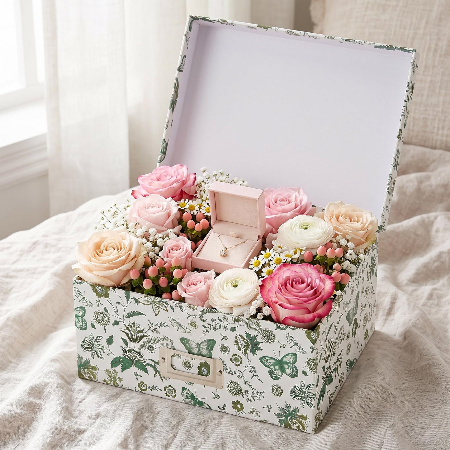 Briful Decorative Storage Boxes with Lids, 4 Pack Green Floral Cardboard Nesting Gifts Boxes with Metal Label Holders, Stackable Keepsake Photo Organizers for Home Closet Shelf Bedroom Office Decor