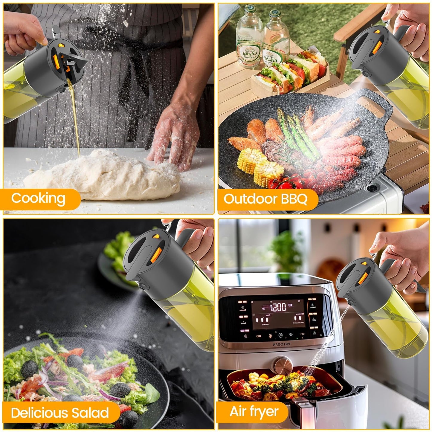Gelibo 2-IN-1 Oil Sprayer for Cooking, 500ML Light-Blocking Glass Oil Dispenser for Kitchen, Olive Oil Spray Bottle with Leak-Proof,Cooking Spray with Portion Control for BBQ, Air Fryer, Salad - Black