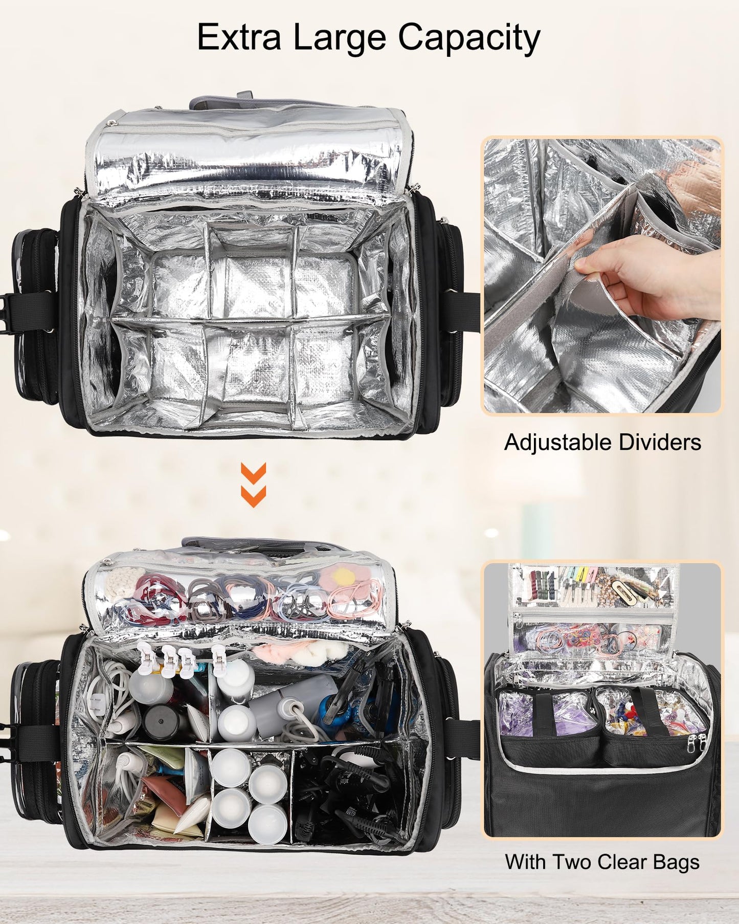 Relavel Rolling Makeup Train Case with 4 Pcs Clear Makeup Bags, Hairstylist Traveling Bag with 4 Wheels, Heat Insulation Full Layer, Adjustable Dividers, Hair Tools and Cosmetics Storage Organizer