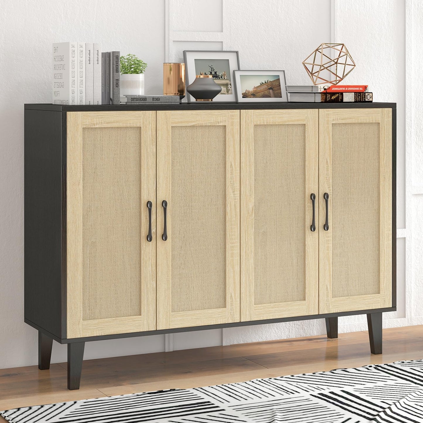 Panana Buffet Storage Cabinet with Rattan Decorating 4 Doors Living Room Kitchen Sideboard 48.43 x 34.65 x 15 inch (Black)