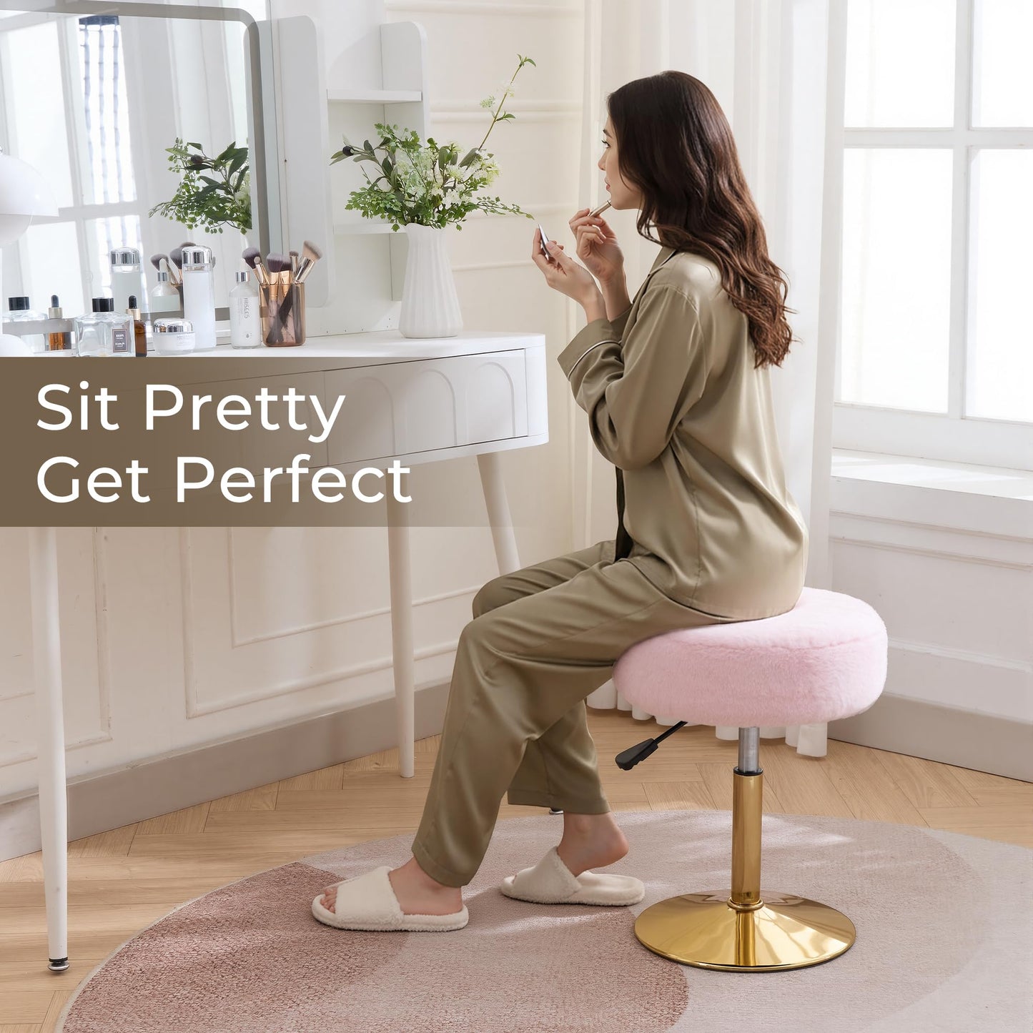 Xenothos Vanity Chair Adjustable Vanity Stool for Vanity Swivel Vanity Stool Chair Ottoman Gold Base Light Pink