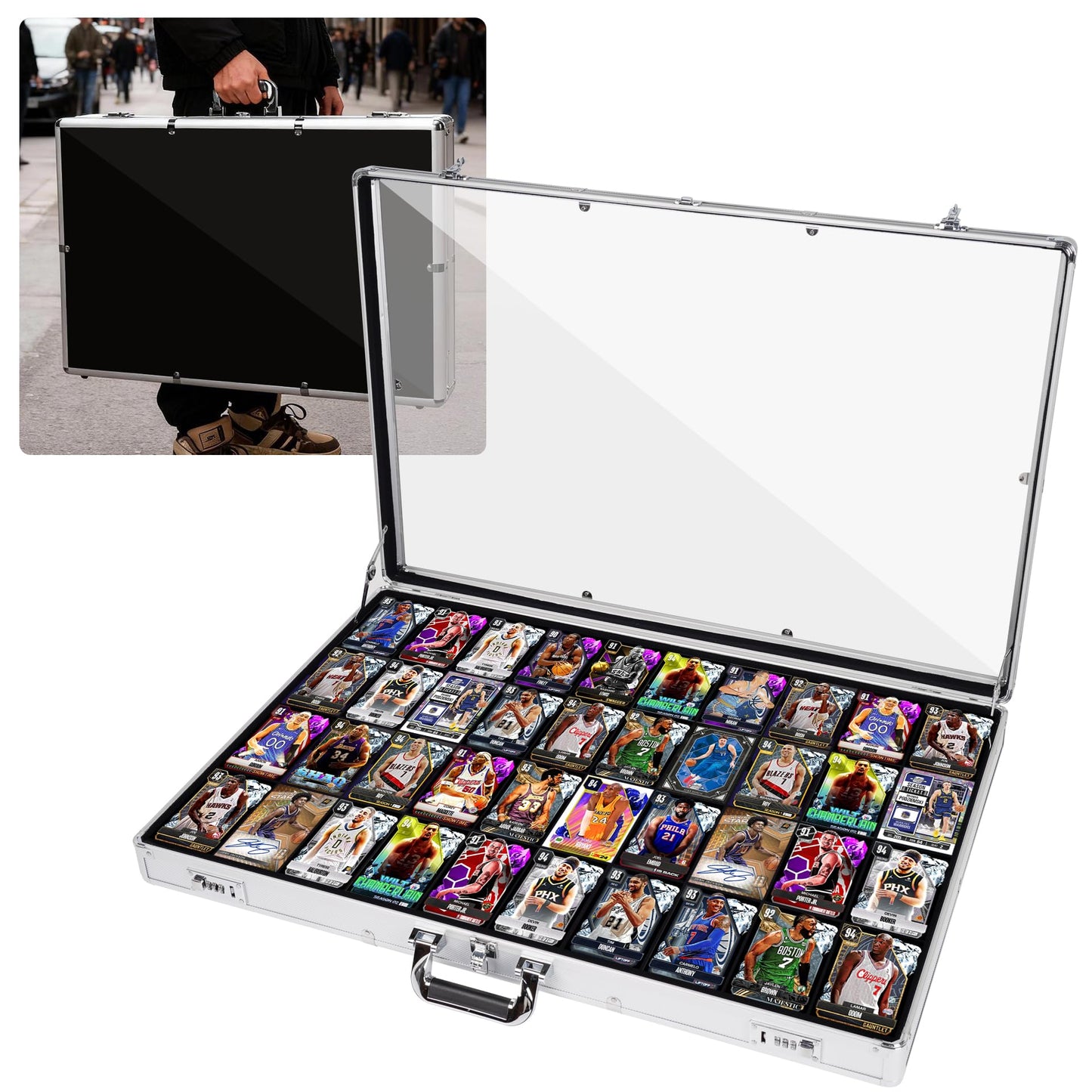 JIAYAN Trading Card Display Case: 34"x22" Aluminum Display Case with 2 Password Lock for Exhibitions - Portable Trade Show Display Table Top Showcase with Handle for Collectible Cards