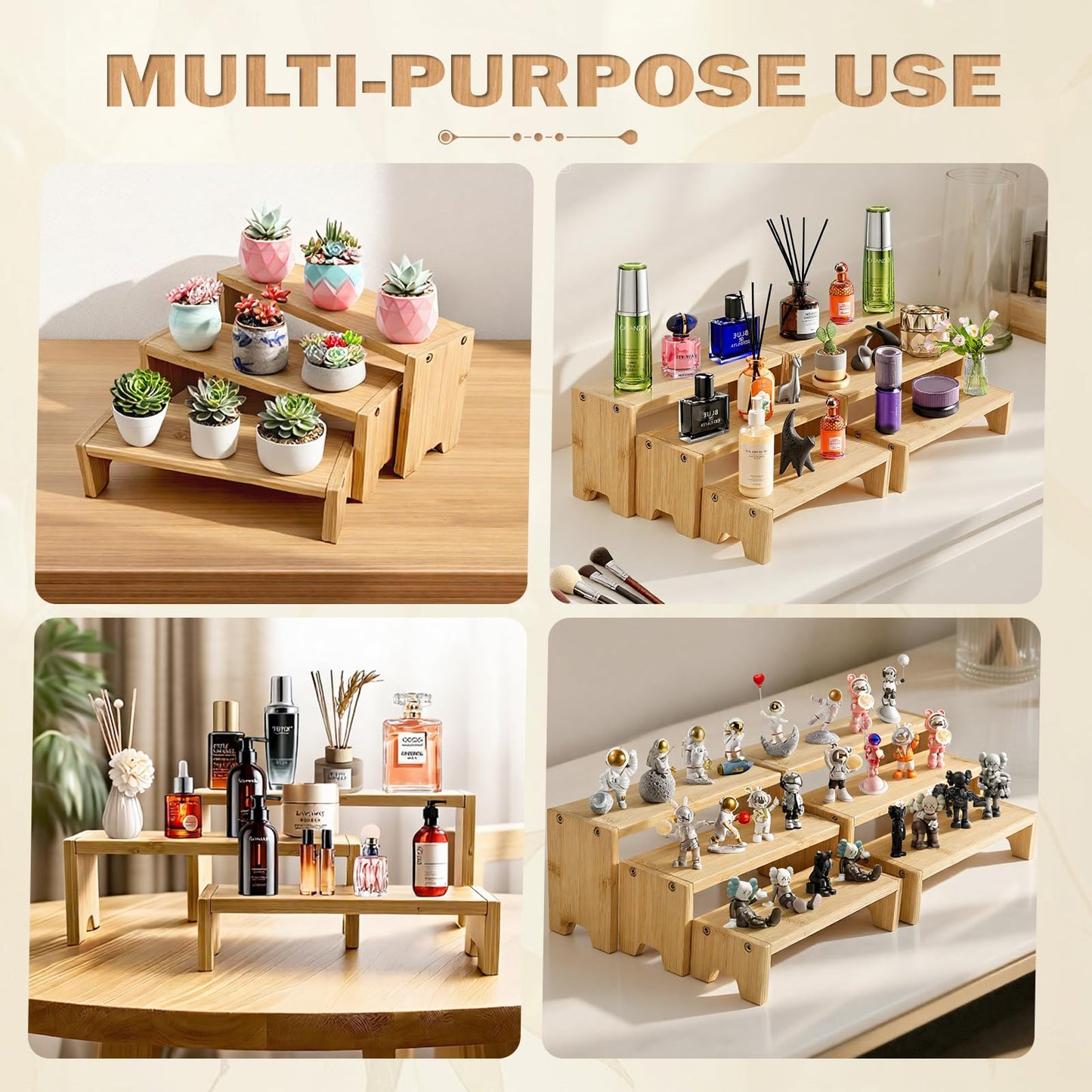 3 Tier Natural Bamboo Display Stand Risers, Exquisite Bamboo Organizer Stand for Cupcake, Perfume, Cologne, Figurine, Spice, Candle, Suitable for Table Display, Kitchen, Retail, Home Decor, Easy Installation