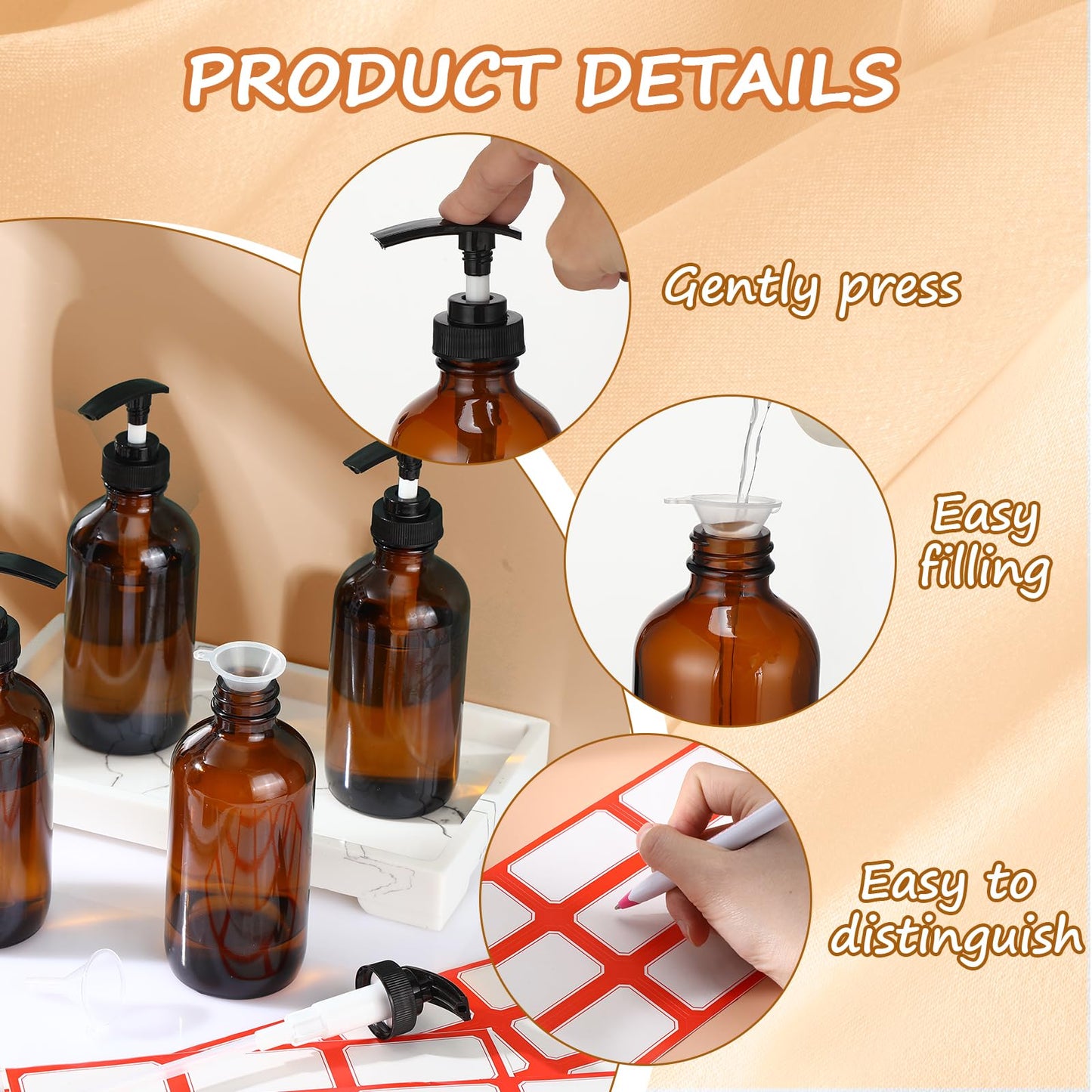 Tanlade 24 Pcs 8 oz Glass Pump Bottle Empty Bottle Glass Soap Dispenser with Pump Refillable Containers and Labels Funnels for Essential Oils Cleaning Products Lotions Conditioner(Amber)