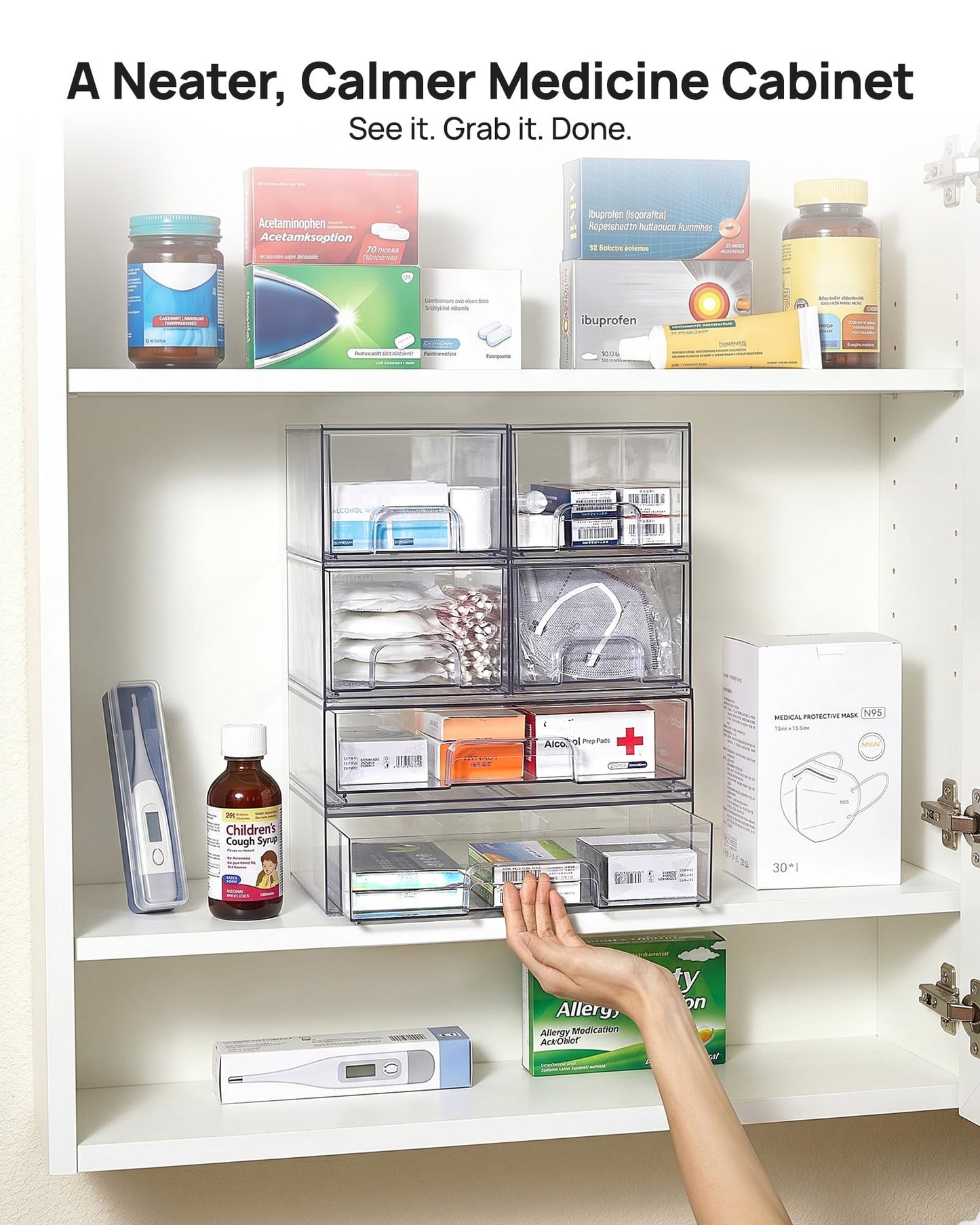 Vtopmart Stackable Storage Drawers Set of 6, Clear Plastic Organizer Bins for Bathroom Supplies, Ideal for Cabinet,Shelf, Pantry, Laundry Room Organization