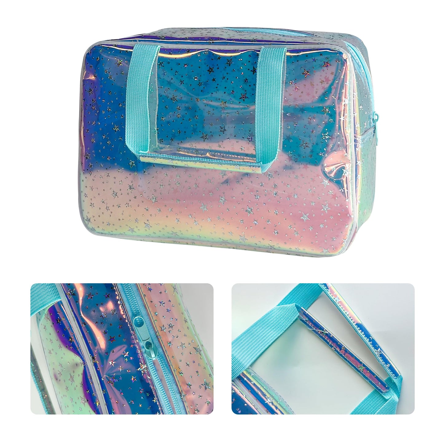 TotePrint Holographic Blue Clear Star Large Cosmetic Bag and TPU Travel Pouch with Handle,Durable Material,Zipper Design-Ideal for Makeup,Travel Essentials (Holographic Blue+Stars)
