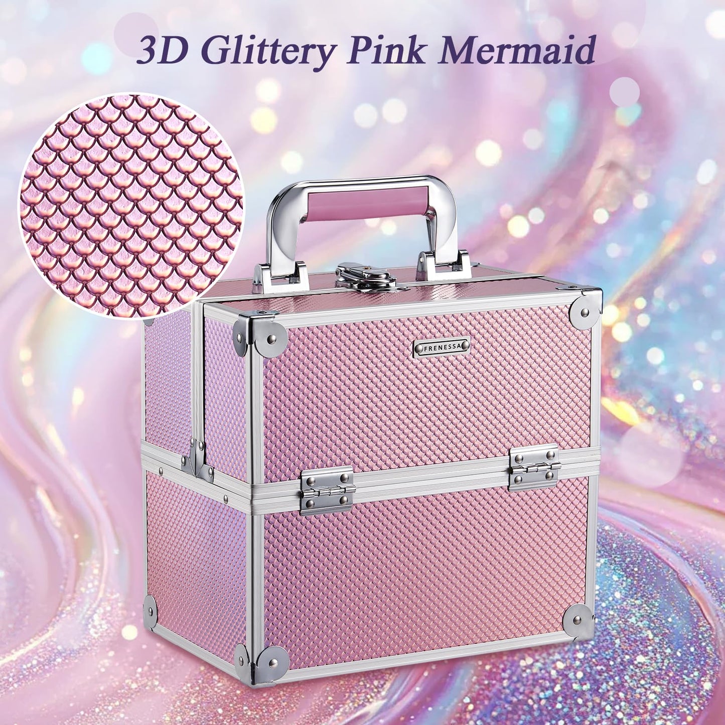Frenessa Makeup Case Makeup Box Cosmetic Organizer Case Portable Make Up Artist Travel Case Storage Box 4 Trays with Dividers Lockable Hard Train Case Nail Tech Supply Storage Mermaid Pink